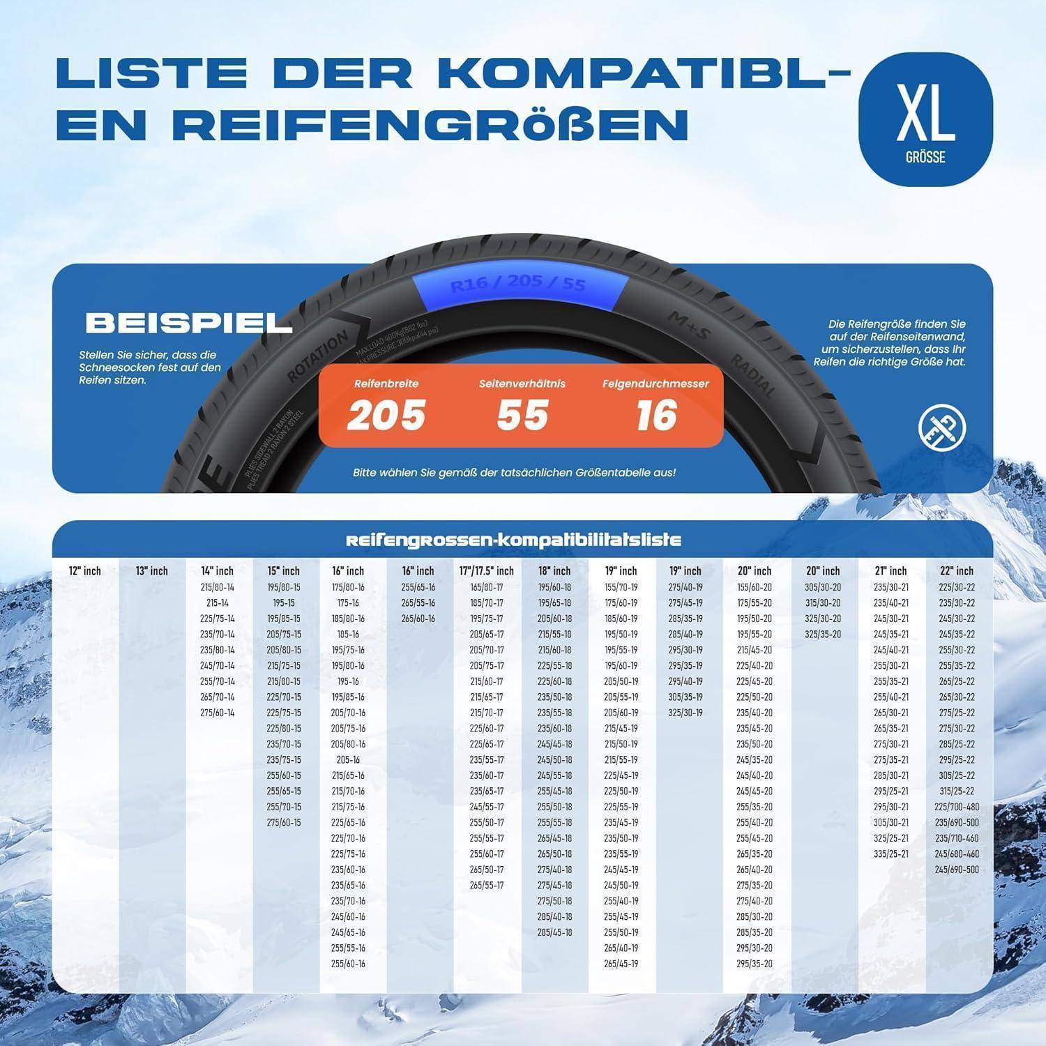 Winterreifen Schneeketten XL - EN 16662-1- Hochsichere, leicht installierbare Textil Schneeketten für Autos - rutschfeste, strapazierfähige Ketten
