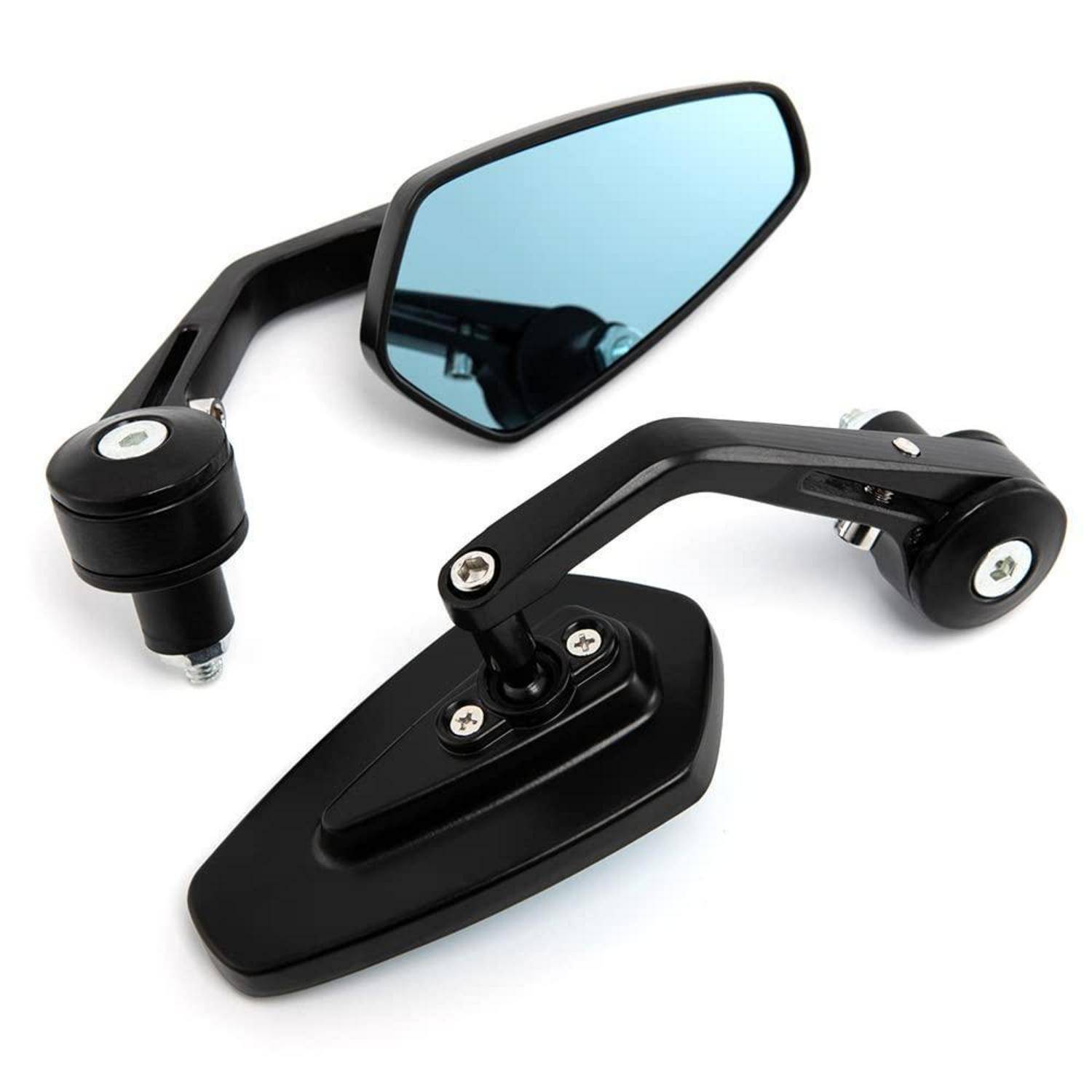 Schwarzer Motorrad-Rückspiegel-Set mit Montagezubehör auf weißem Hintergrund.