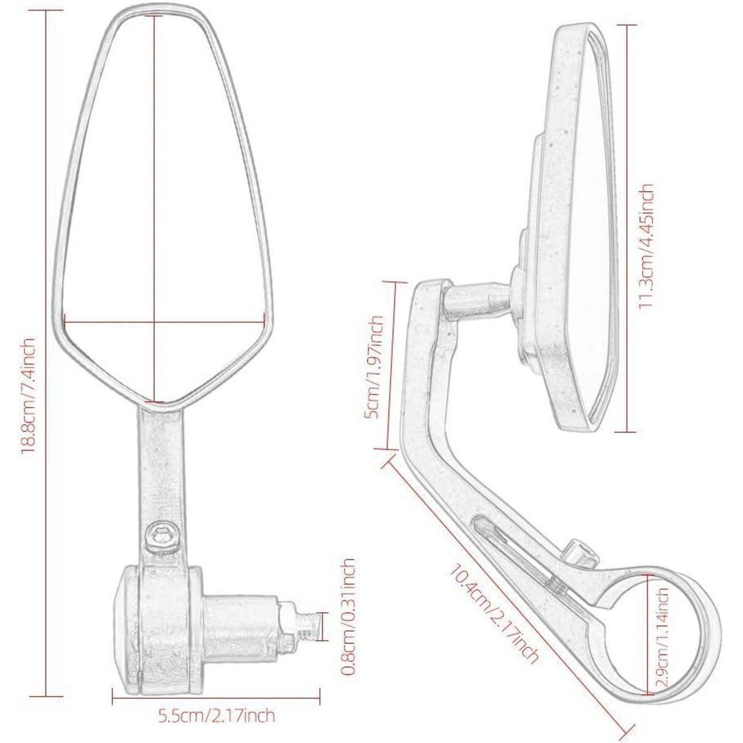 Technische Illustration eines Motorrad-Seitenspiegels mit Abmessungen in Zentimetern und Zoll gekennzeichnet.