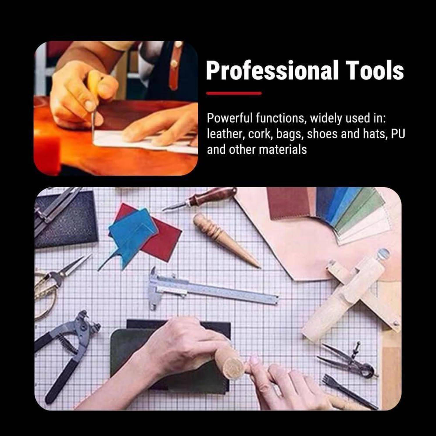 Anzeige für professionelle Lederwerkzeuge, zeigt Hände, die einen Locher auf Leder verwenden, und einen Handwerkarbeitsplatz mit Linealen, Scheren, Schablonen und Materialmustern.