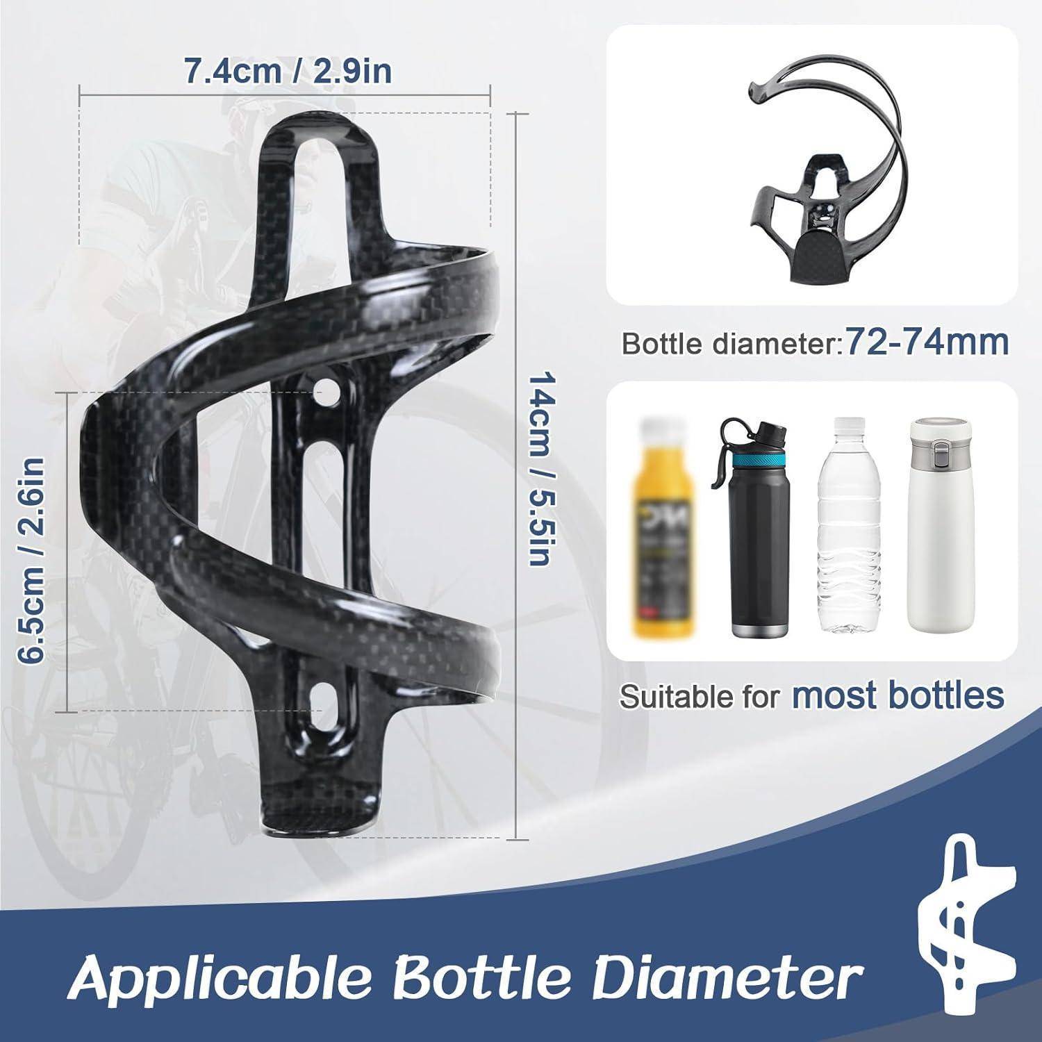 Produktgrafik eines Fahrrad-Flaschenhalters, der 14 cm hoch und 7,4 cm breit ist, für Flaschen mit 72–74 mm Durchmesser, geeignet für die meisten Flaschen.