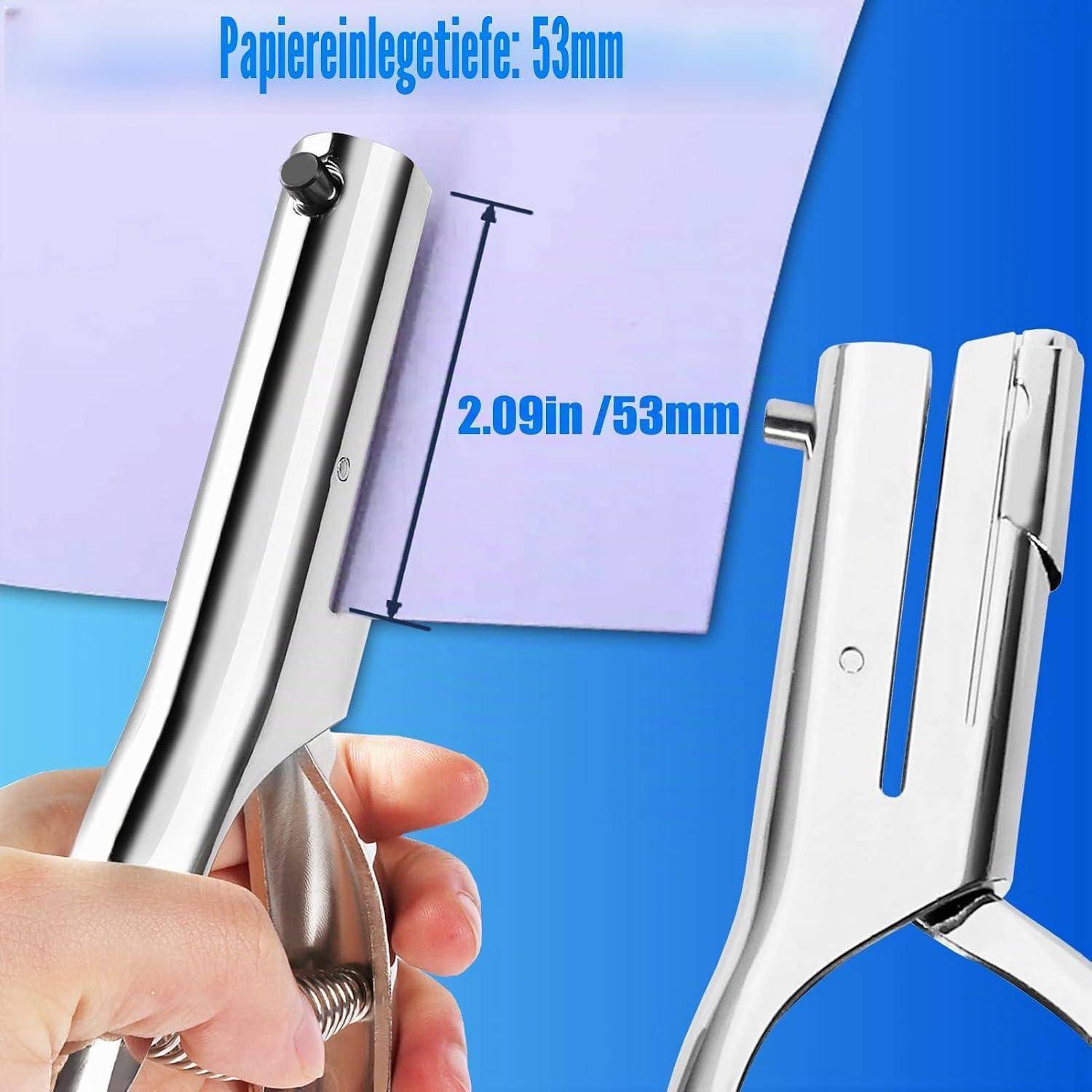 Wandmontierte Chrom-Klemme, dargestellt mit markierter Papiereintiegtiefe "Papiereinlegtiefe: 53mm"" und ""2,09 Zoll/53mm""; Hand zeigt die Verwendung.