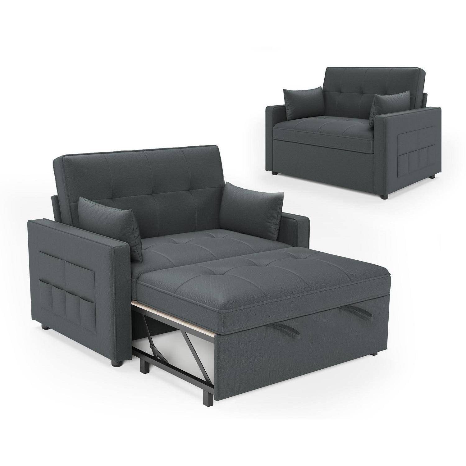 Schlafsofa 186 x 122 cm mit 5-stufig Verstellbarer Rückenlehne, 3-in-1 Schlafcouch mit Kissen und Seitentasche, graues Leinen-Sofa für Gästezimmer