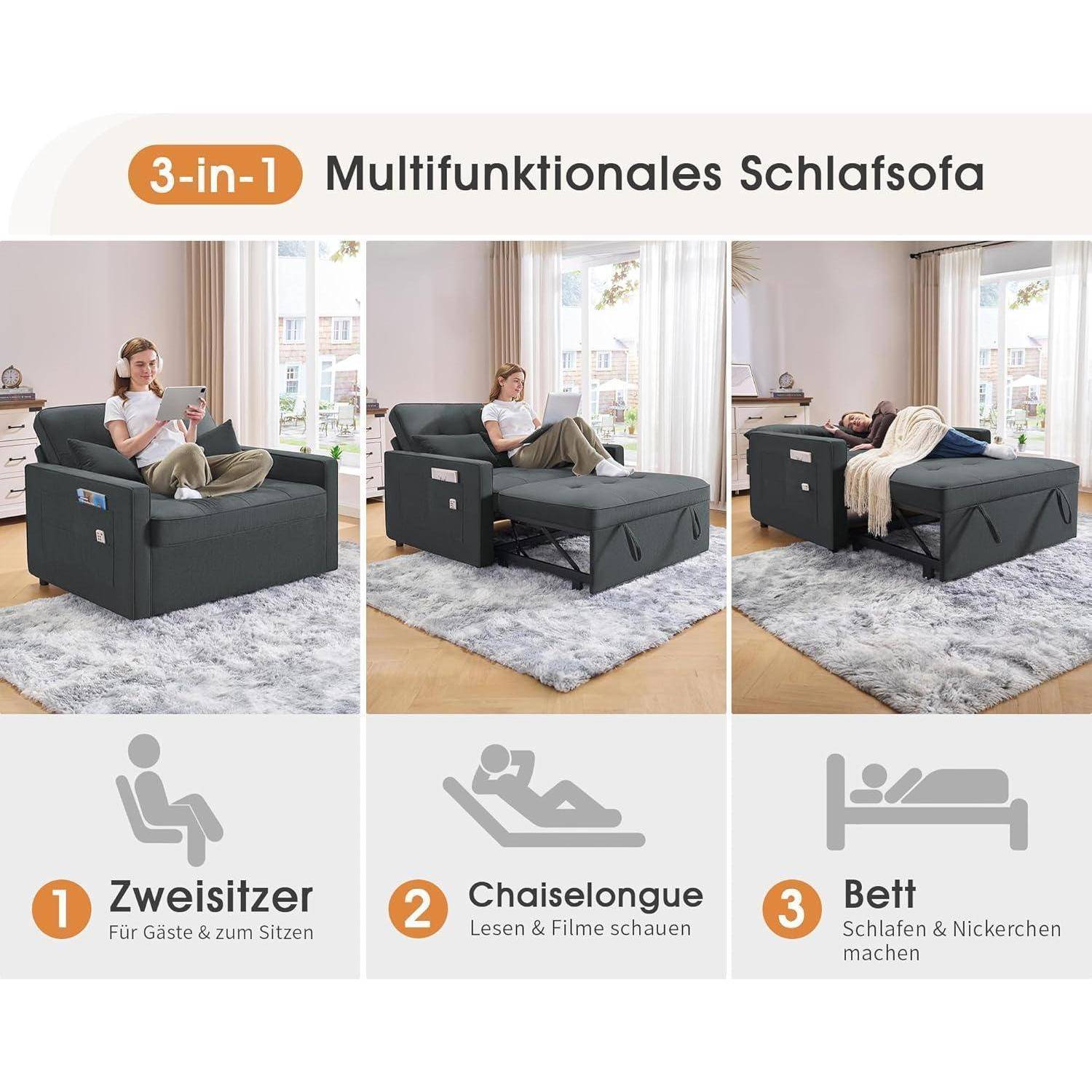 Schlafsofa 186 x 122 cm mit 5-stufig Verstellbarer Rückenlehne, 3-in-1 Schlafcouch mit Kissen und Seitentasche, graues Leinen-Sofa für Gästezimmer