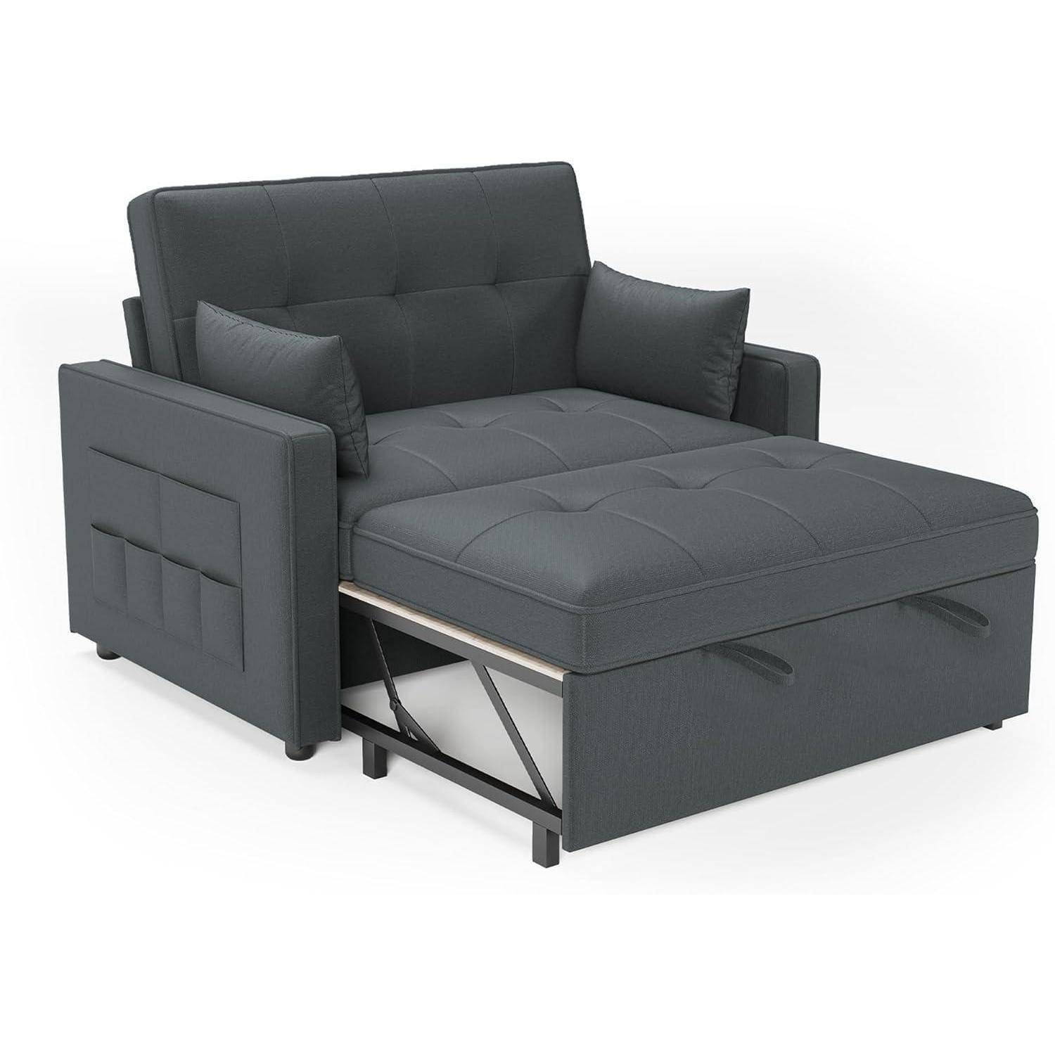 Schlafsofa 186 x 122 cm mit 5-stufig Verstellbarer Rückenlehne, 3-in-1 Schlafcouch mit Kissen und Seitentasche, graues Leinen-Sofa für Gästezimmer