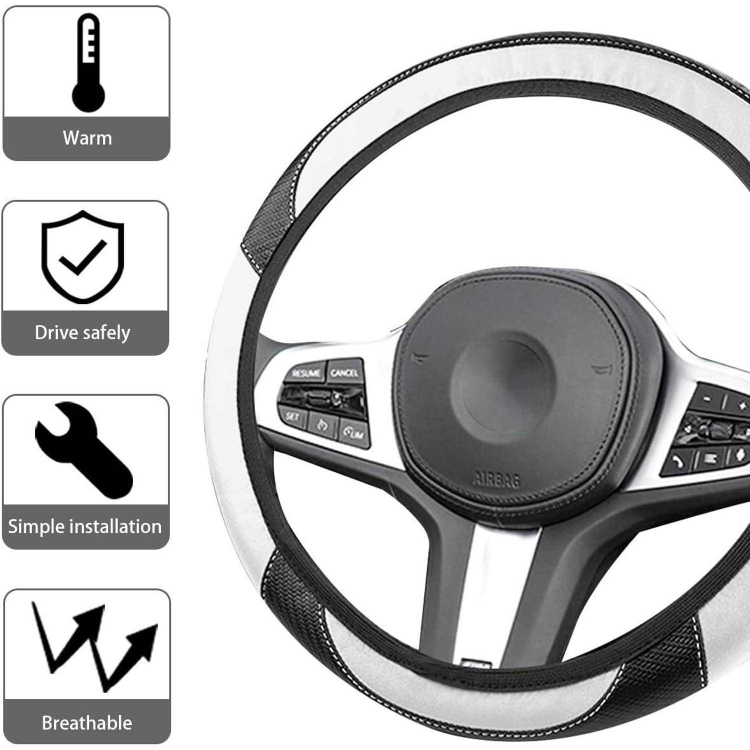 Schwarze und graue Lenkradabdeckung mit zentralem Airbag-Polster, dargestellt neben Symbolen, die warme, sichere Fahrt, einfache Installation und Atmungsaktivität hervorheben.