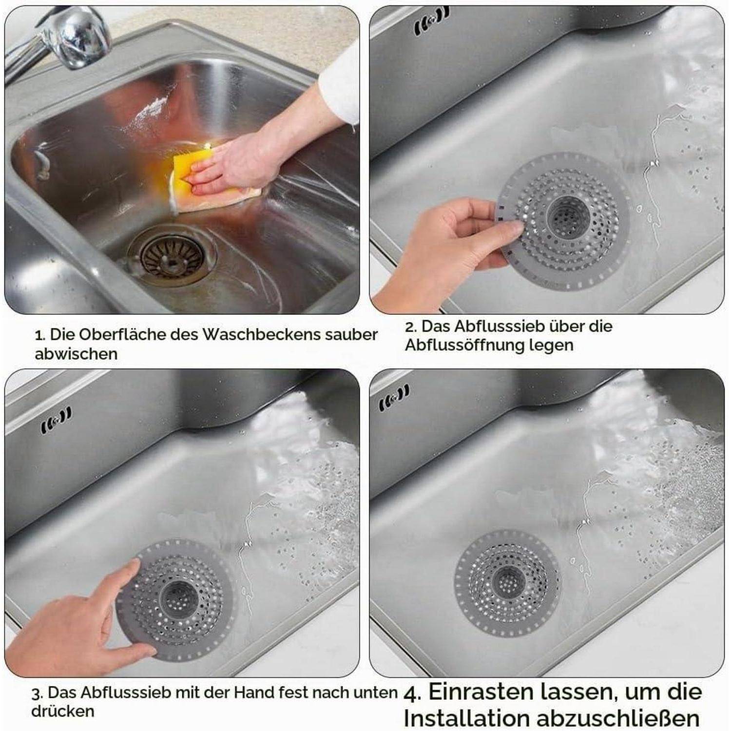 Vierschrittanleitung zur Installation eines Waschbeckenablaufs: Waschbecken abwischen und reinigen, Abdeckung über die Öffnung platzieren, hineindrücken, um sie anzupassen, und dann verriegeln.
