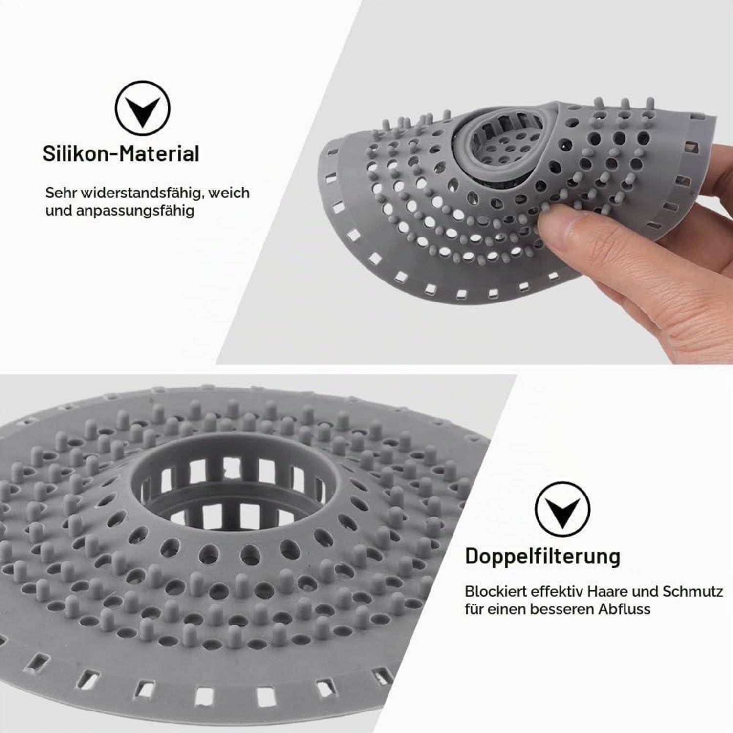 Werbebild einer grauen Silikonablaufabdeckung/eines Filters mit Flexibilität und doppelter Filtration, die Haare und Schmutz blockiert für bessere Drainage.