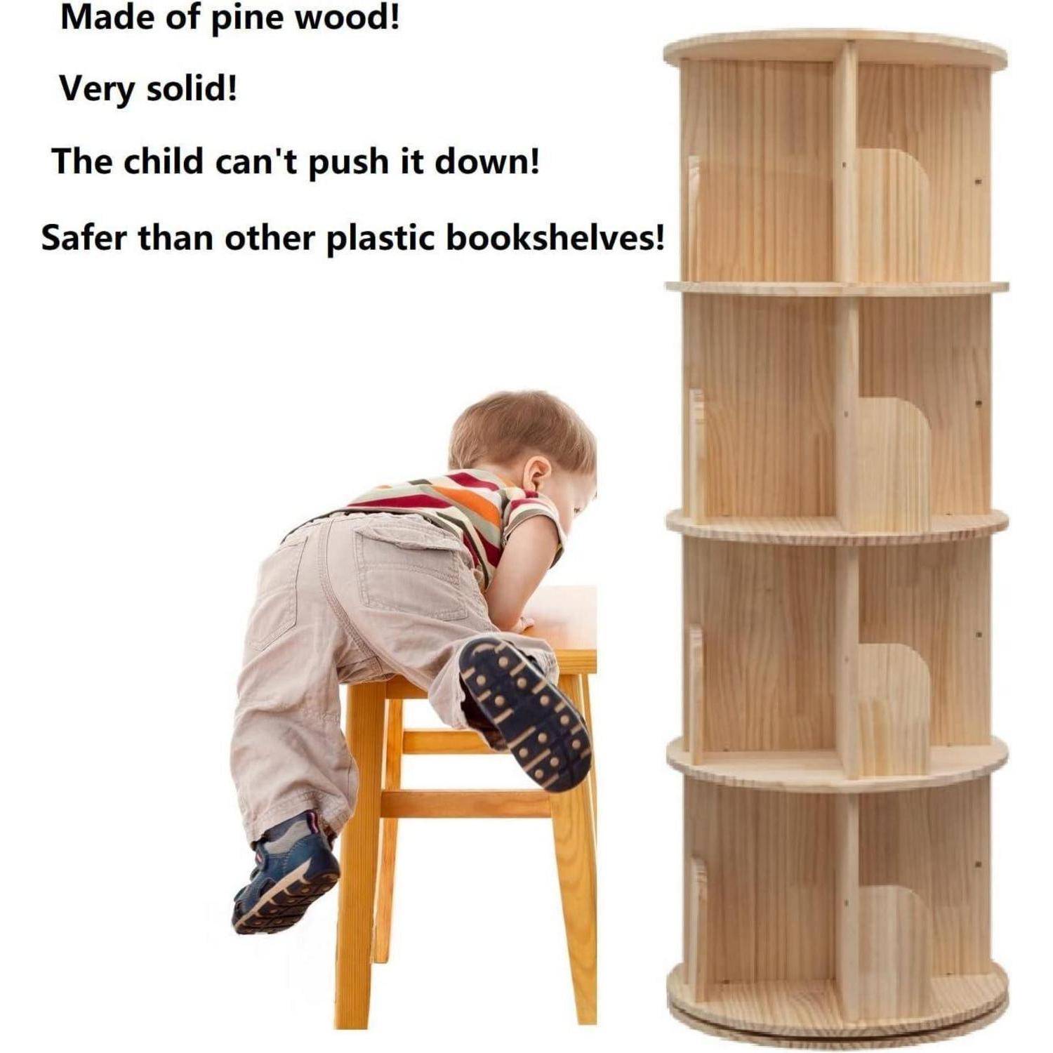 Heehee Massivholz Drehbares Bücherregal, 360-Grad-Display, bodenstehendes Bücherregal, Lagerregal für Kinder und Erwachsene, multifunktionaler Orga