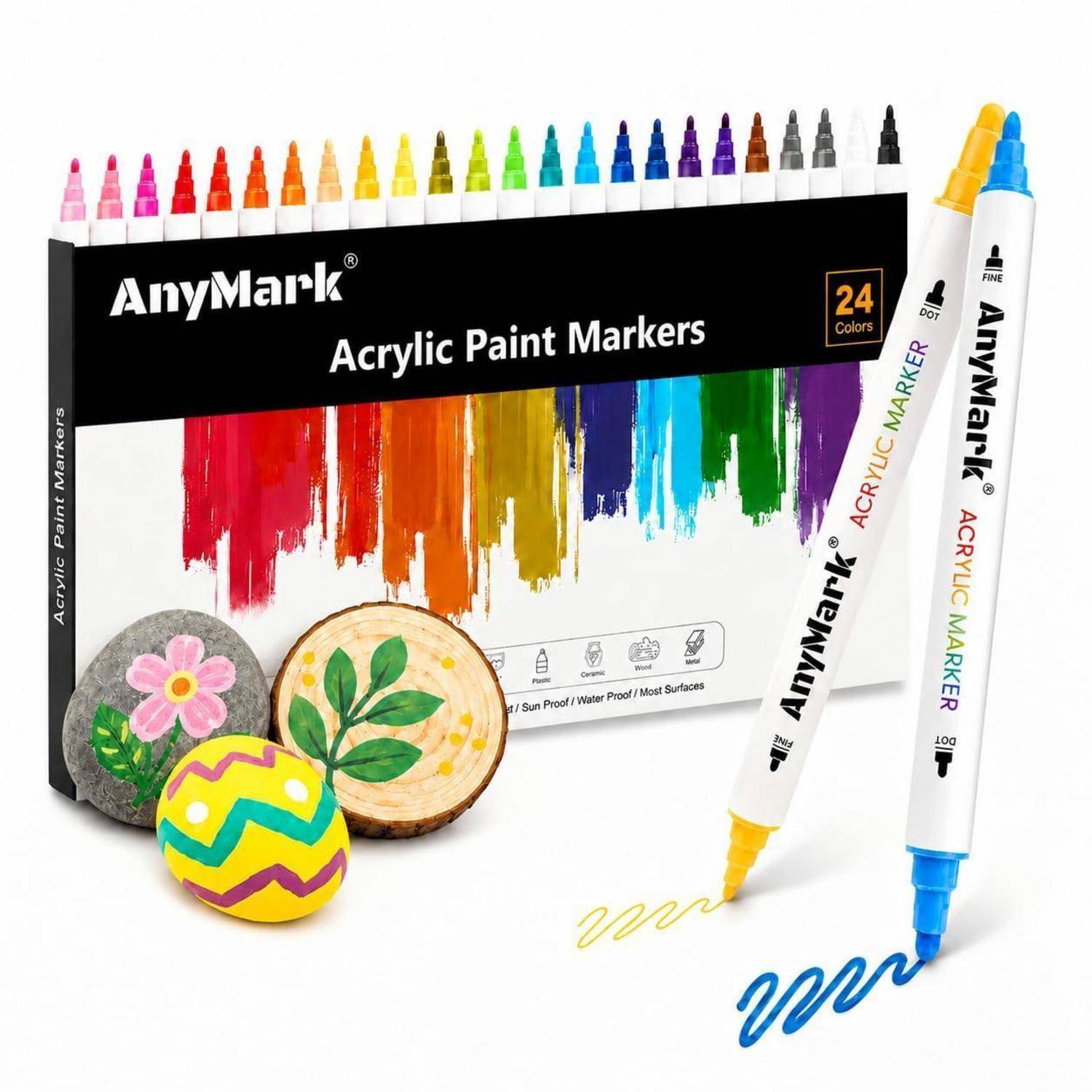 Packung AnyMark Acrylfarb-Marker, 24 Farben, gezeigt mit Farbmustern und dekorierten Steinen, plus zwei Marker, die gelbe und blaue Linien schreiben.
