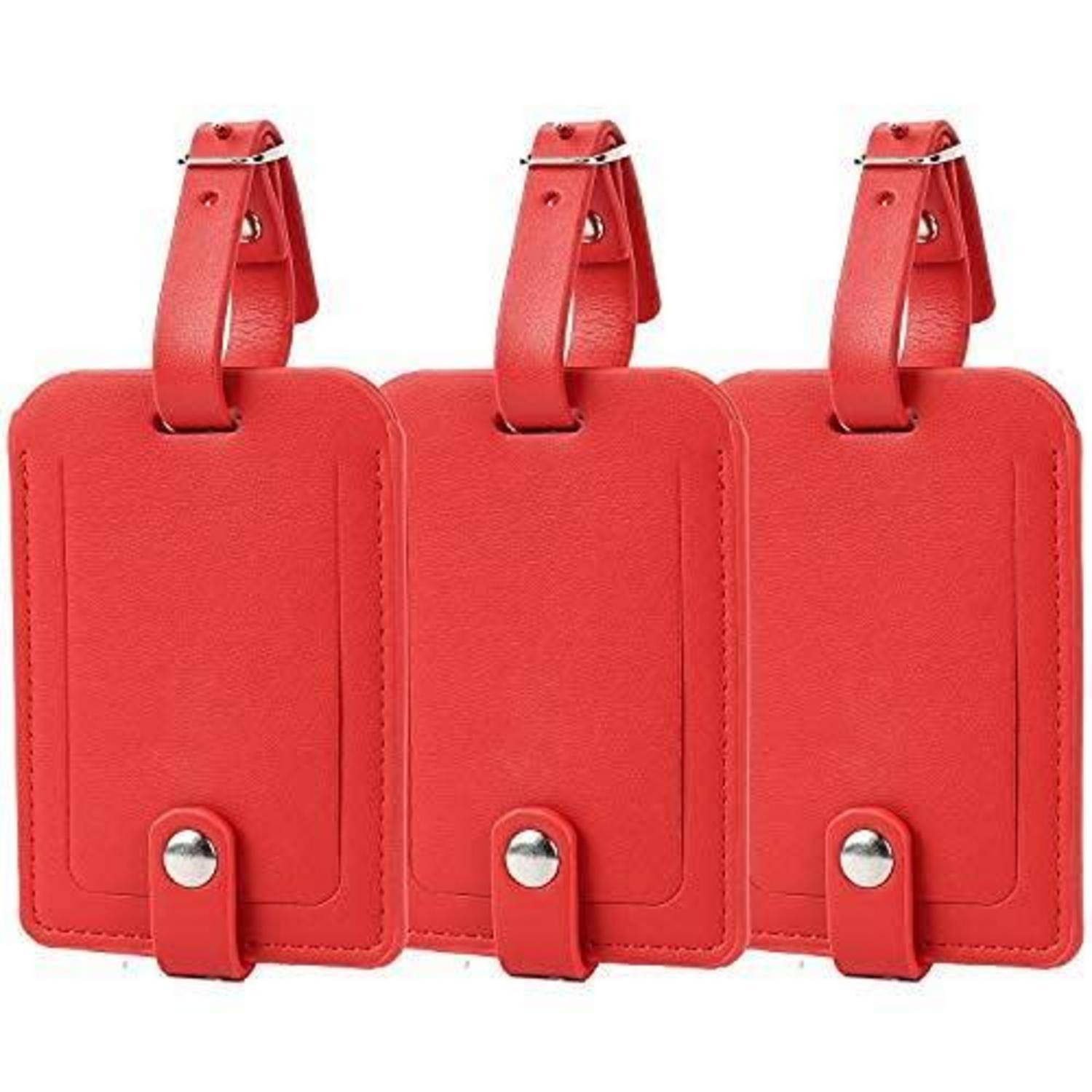 Drei rote Lederkofferanhänger mit Schlaufenösen und Druckknopfverschlüssen, nebeneinander auf weißem Hintergrund abgebildet.