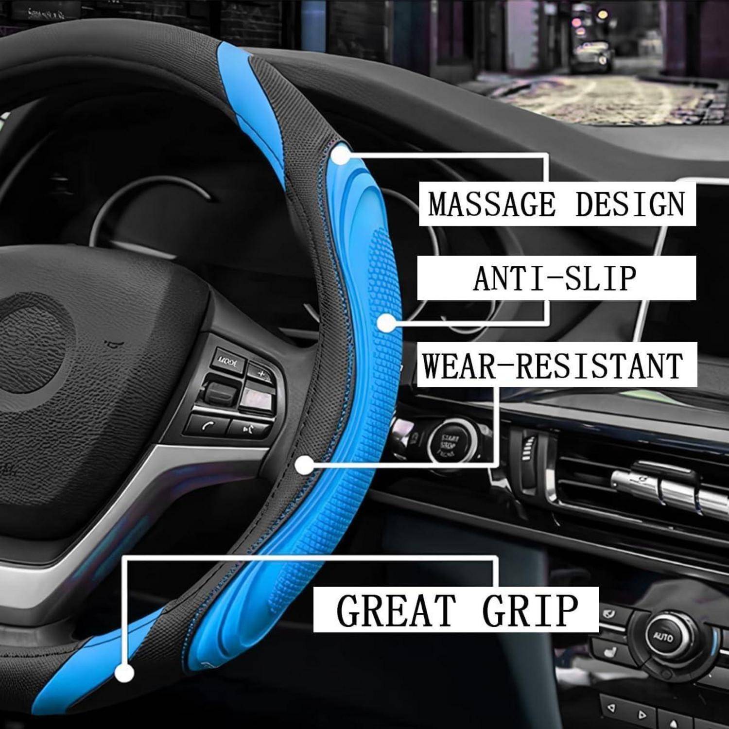 Nahaufnahme einer Autolenkradabdeckung mit blauem und schwarzem strukturiertem Griff, beschriftet mit „MASSAGE DESIGN", „ANTI-RUTSCH"", „VERSCHLEISSFEST"" und „EXCELLENTER GRIP"".