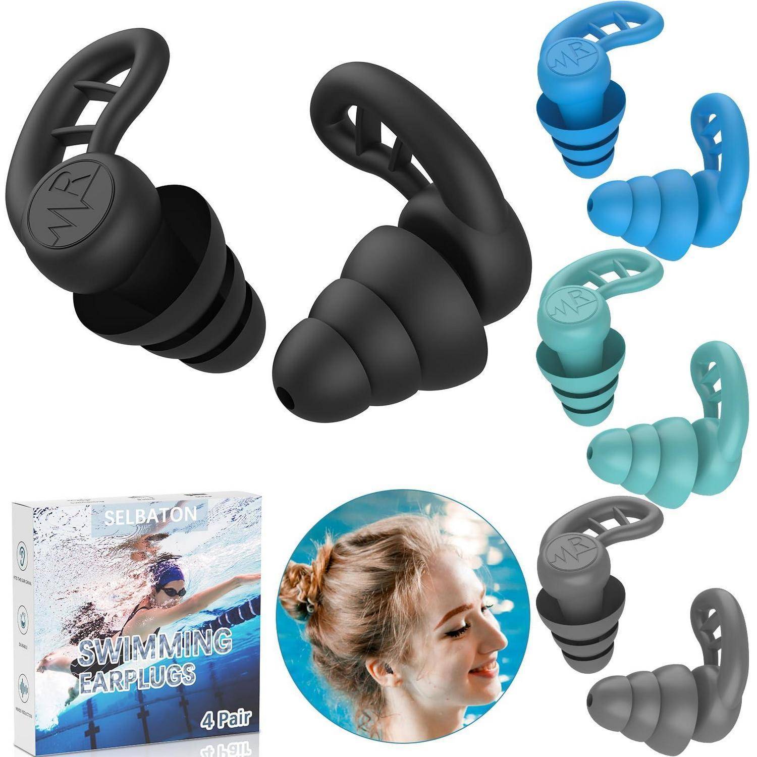 Produktbild mit wiederverwendbaren Silikon-Schwimmohrenstöpseln in mehreren Farben und einer Schachtel mit der Aufschrift „SELBATON SCHWIMMOHRENSTÖPSEL, 4 Paar