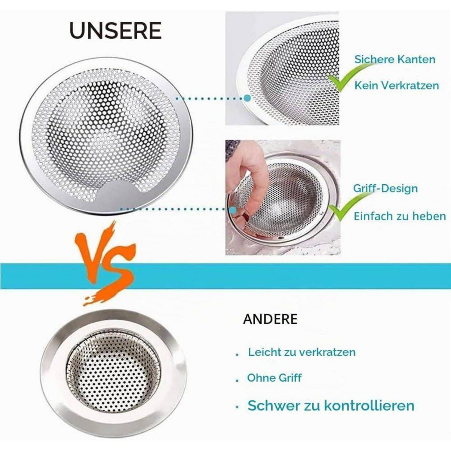 Vergleichsgrafik eines Spülsiebkorbs: Das Modell „UNSERE" hat sichere Kanten und einen Griff zum einfachen Anheben; „ANDERE"" ist leichter zu zerkratzen, hat keinen Griff und ist schwerer zu kontrollieren.