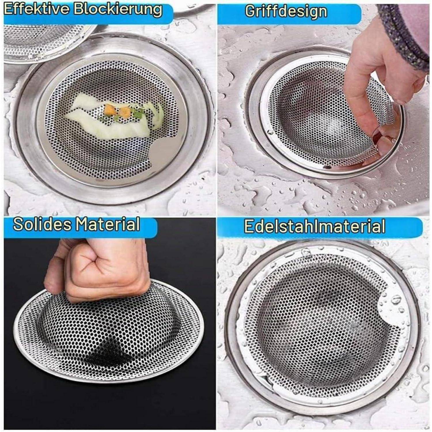 Vierteiliges Produktbild eines Edelstahl-Spülbeckenablauffilters, das effektive Verstopfungsbekämpfung, ergonomisches Griffdesign, solide Materialqualität und Edelstahlkonstruktion zeigt.