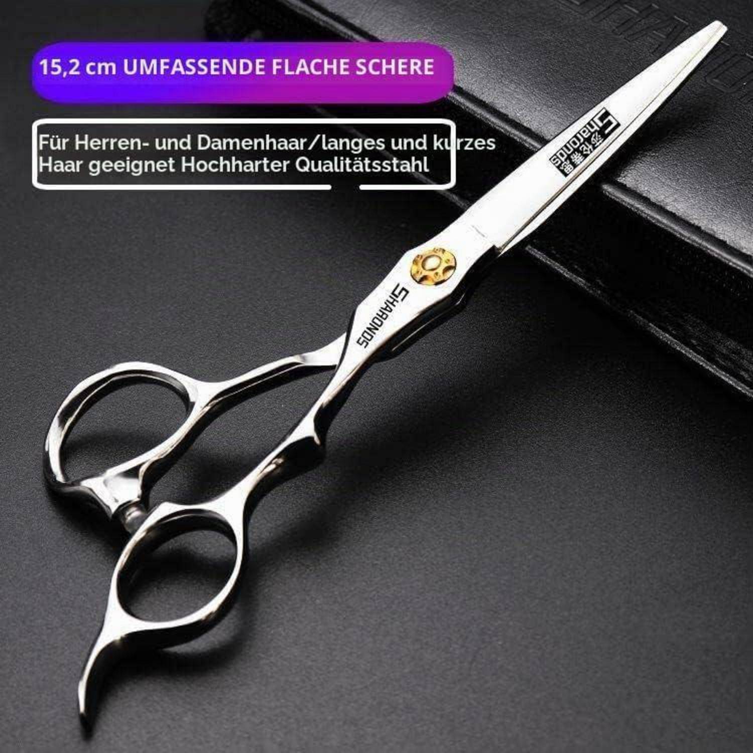 Silberne 15,2 cm Haarschneideschere mit versetzten Griffen auf einer schwarzen Oberfläche, auf Deutsch beschriftet als geeignet für Herren- und Damenhaar und aus hochwertigem Stahl gefertigt.