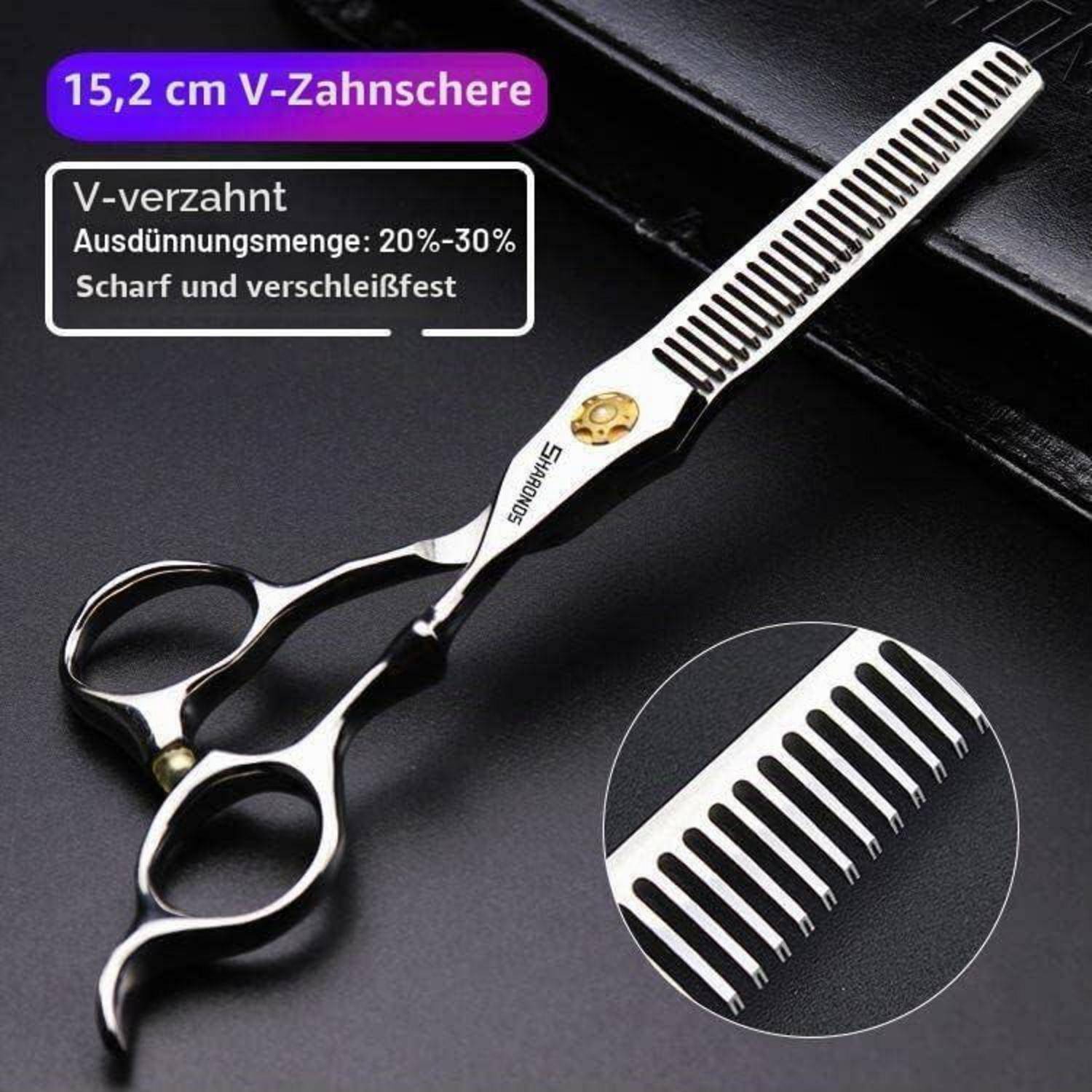 15,2 cm V-förmige Effilierschere mit gezahnten Klingen, beschriftet als 20%-30% Ausdünnung, gezeigt mit einer vergrößerten Detailansicht.