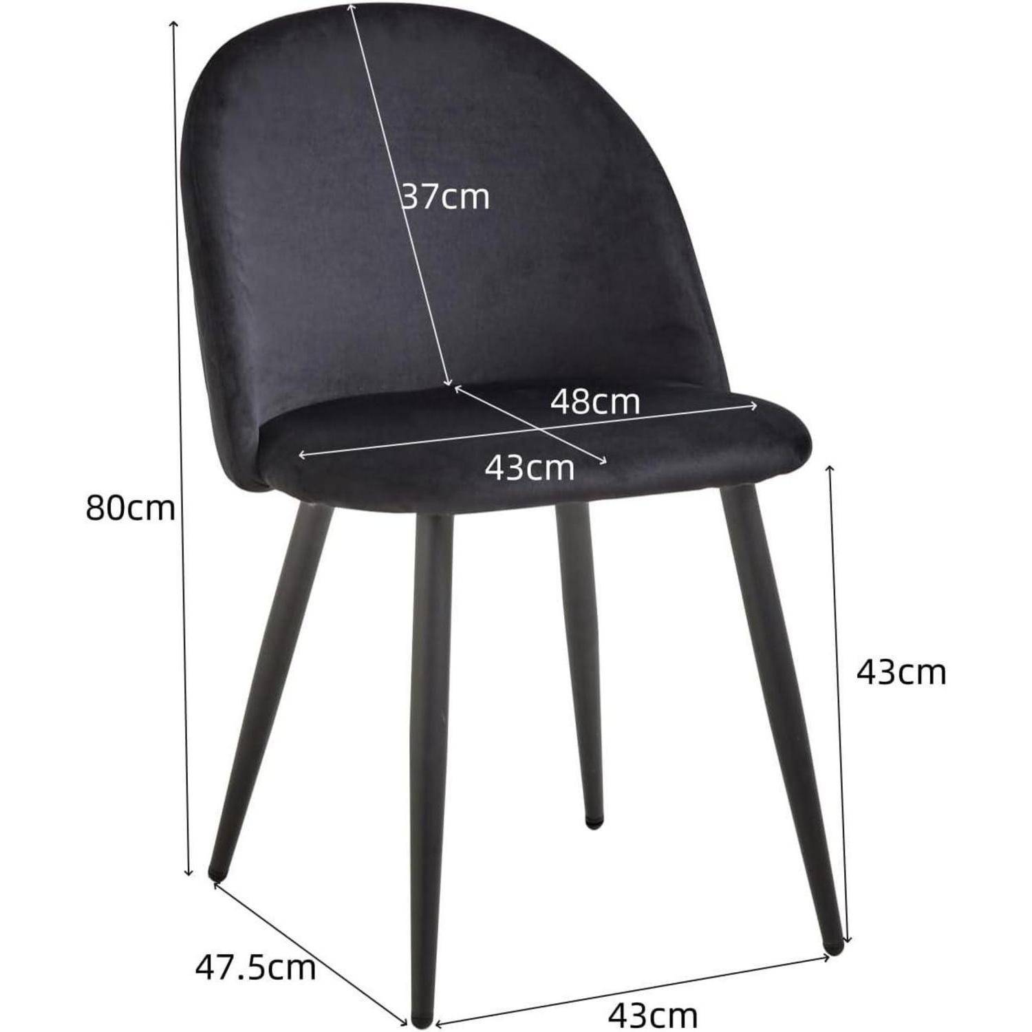 Schwarzer gepolsterter Stuhl mit vier Beinen, gezeigt mit folgenden Abmessungen: 80 cm Höhe, 48 cm Breite, 43 cm Sitztiefe, 43 cm Sitzhöhe, 47,5 cm Beinabstand, 37 cm Rückenlehnnhöhe.