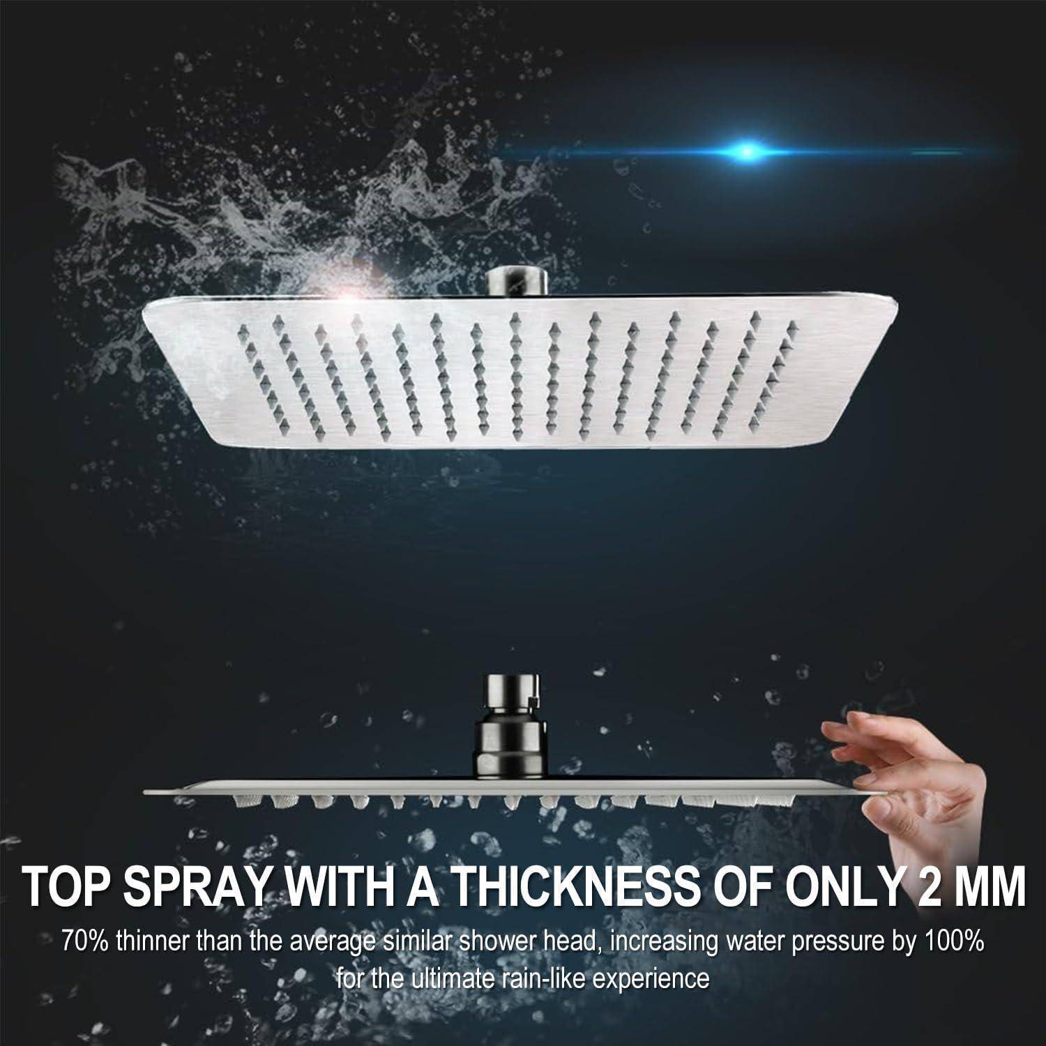 Produktanzeige mit dünnem 2-mm-Duschkopf mit Oberspray und Wassertropfen, die 100 % höheren Wasserdruck und ein regenähnliches Erlebnis fördern.