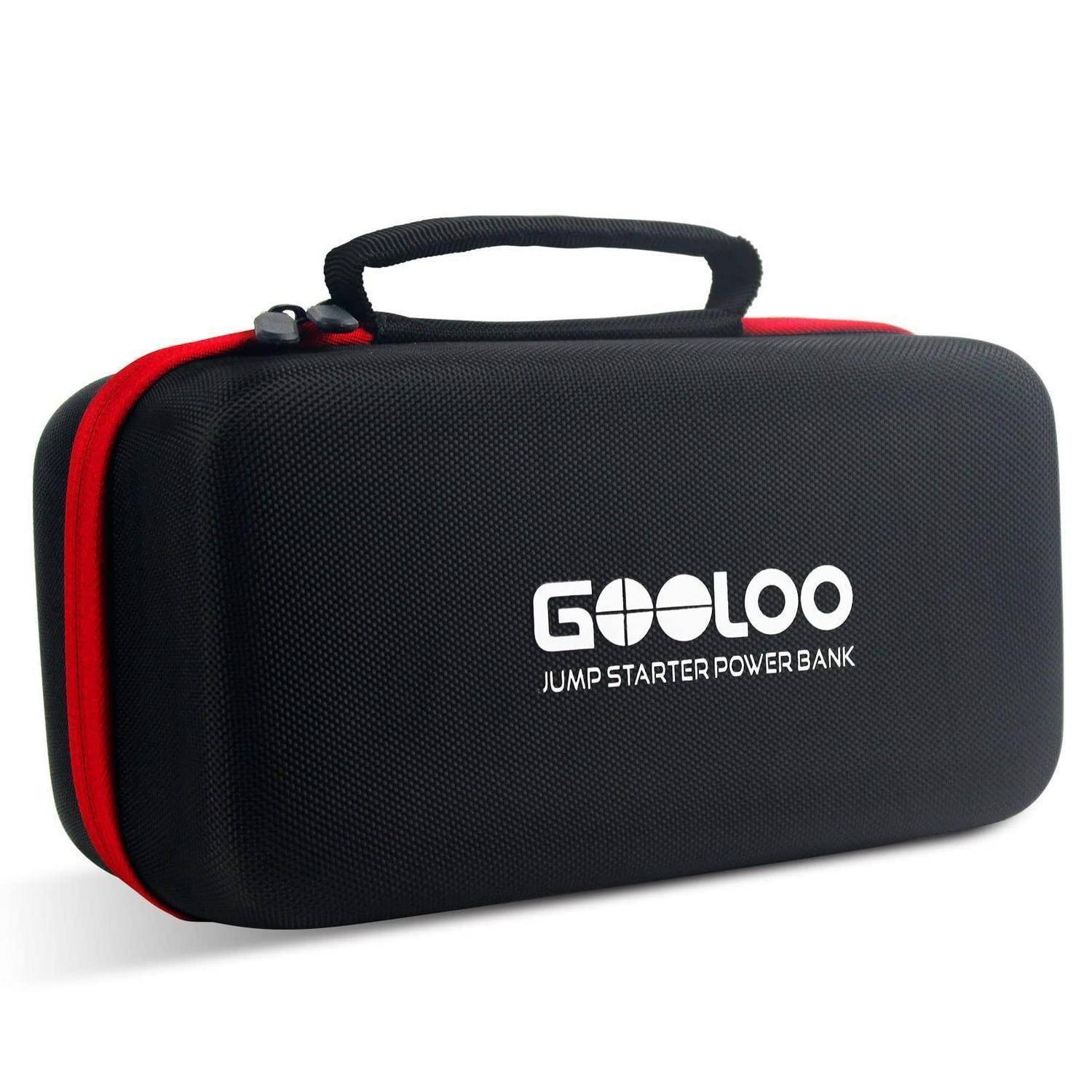 Schwarze und rote Tragetasche mit Reißverschluss mit der Aufschrift „GOOLOO Jump Starter Power Bank