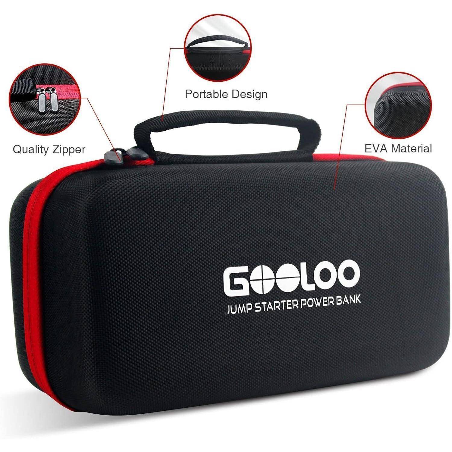 Schwarze und rote, mit Reißverschluss versehene EVA-Tragetasche mit Griff, beschriftet mit „GOOLOO Jump Starter Power Bank