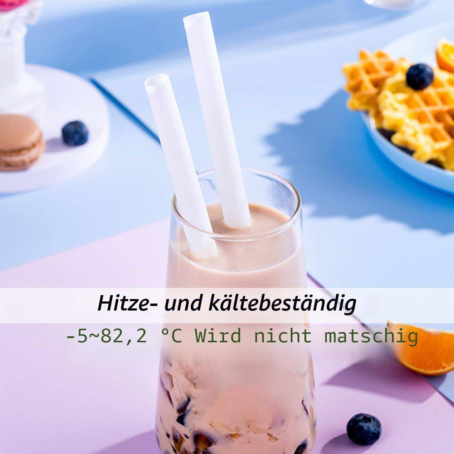 Glas mit zwei weißen Strohhalmen gefüllt mit Eiskaltgetränk; überlagert mit deutschem Text sagt „Hitze- und kältebeständig