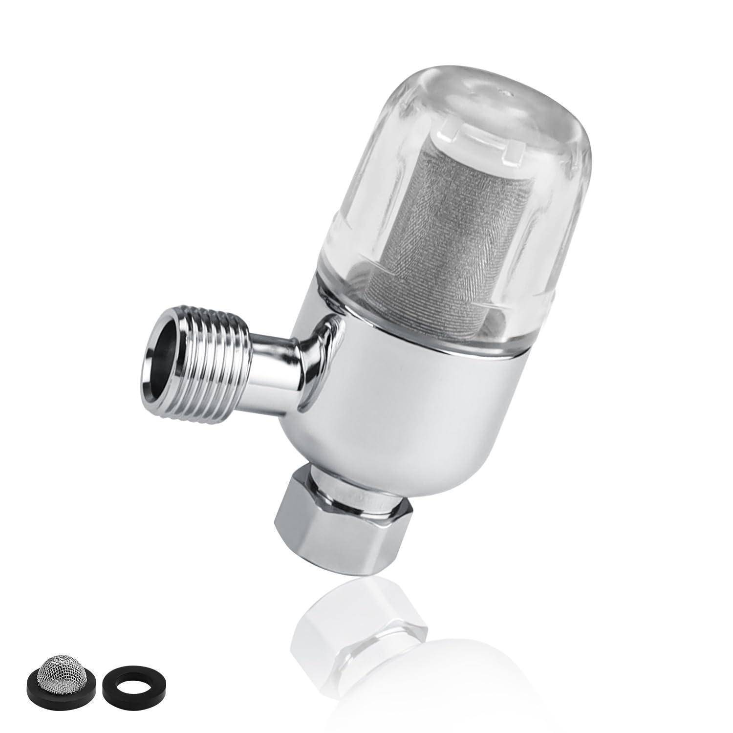 Chrome-Inline-Sanitärfilter mit transparenter Kappe, Gewinde-Seiteneinlass und zwei kleinen Zubehörringen, unten auf weißem Hintergrund gezeigt.