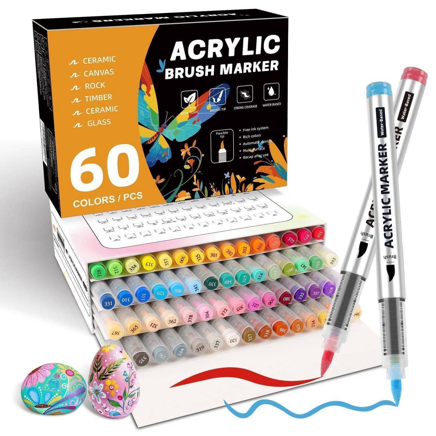 Acrylmarker-Pinselset-Box mit Beschriftung „60 Farben/Stück