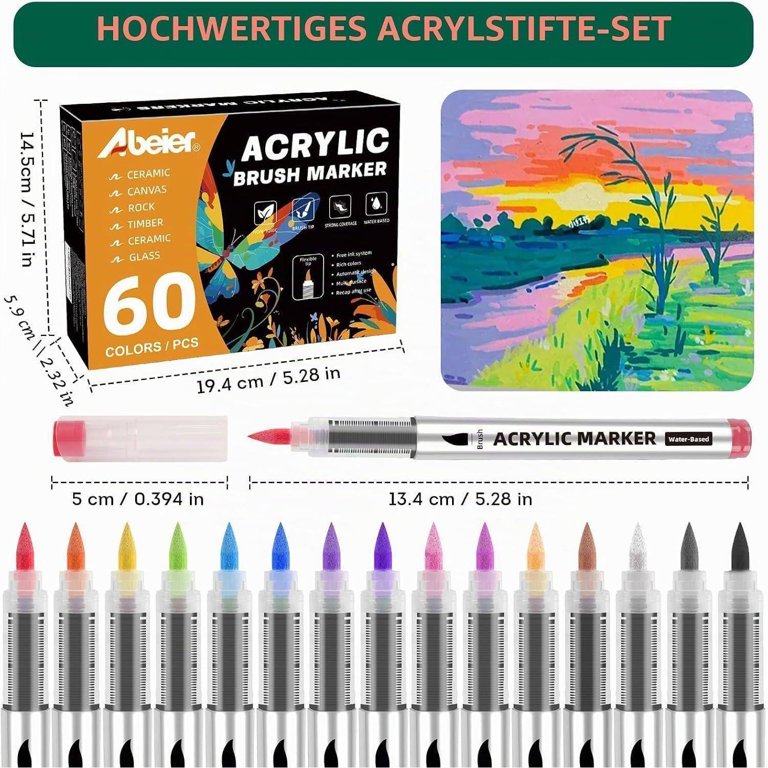 Produktbild eines 60-Farben-Acryl-Pinselmarker-Sets, das die Schachtel, ein Beispielgemälde, einen Marker mit Kappe und 24 Markerfarben mit Größen zeigt, die in Zentimetern und Zoll gekennzeichnet sind.
