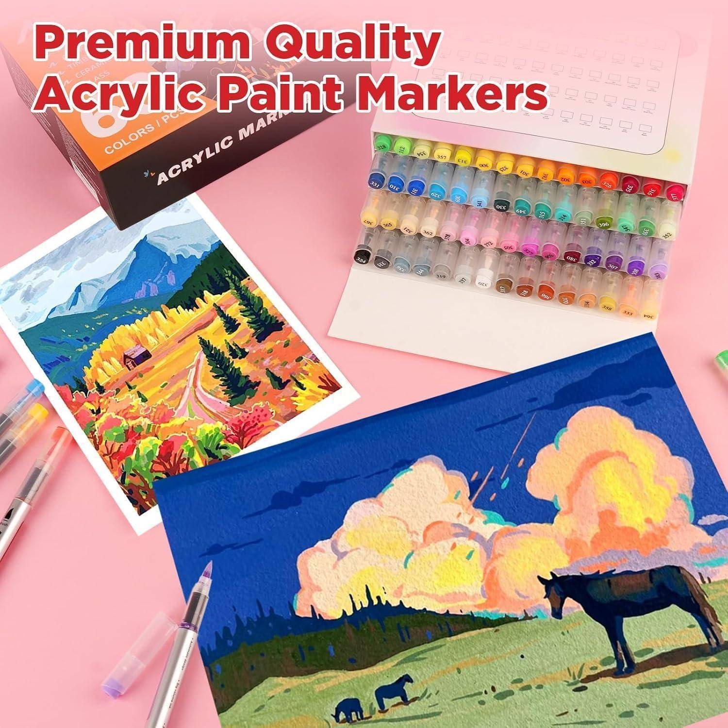 Premium-Qualitäts-Acrylfarben-Marker, präsentiert mit Beispielgemälden in bunten Farben, einem Marker-Set und der Produktverpackung auf rosa Hintergrund.