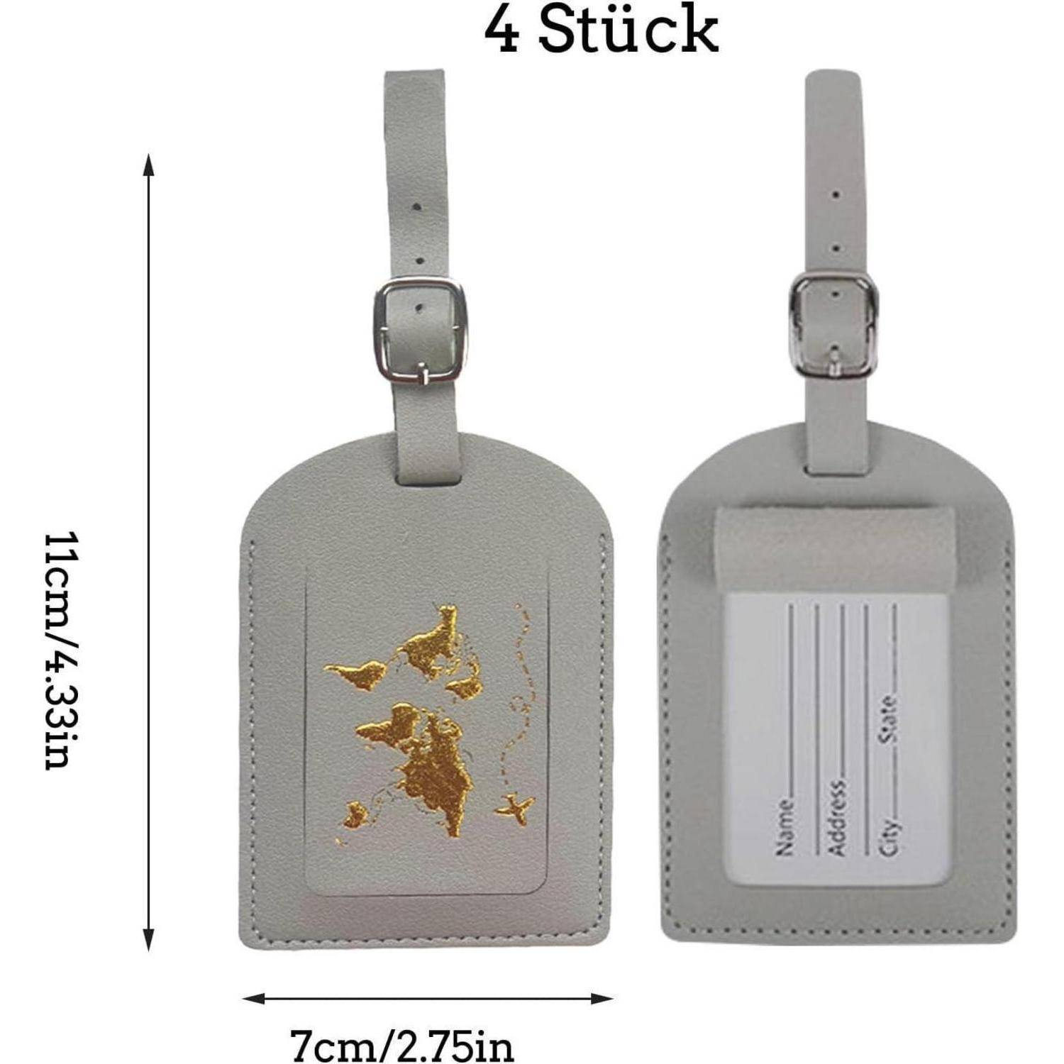 Paar grauer Gepäckanhänger mit Riemen und ID-Fenstern, mit der Bezeichnung „4 Stück"; jeder Anhänger misst 11 cm x 7 cm.