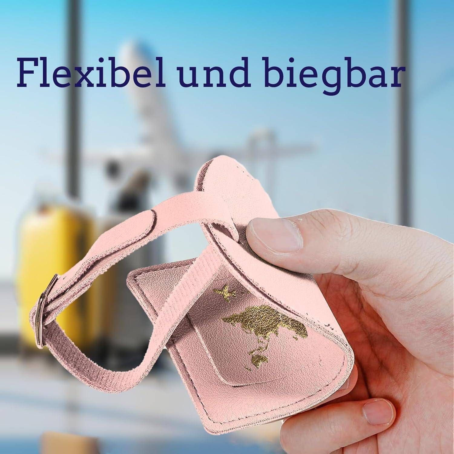 Hand hält ein kleines rosafarbenes flexibles Riemen-Täschchen mit Blumenstickerei; Text oben lautet „Flexibel und biegbar".