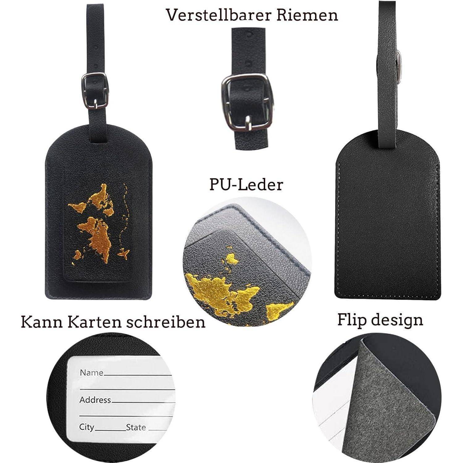 # Produktbild eines schwarzen Lederreiseetiketts mit verstellbarem Riemen, Kartenset zum Beschriften und Klappendesign, mit beschrifteten Nahaufnahmen auf Deutsch.