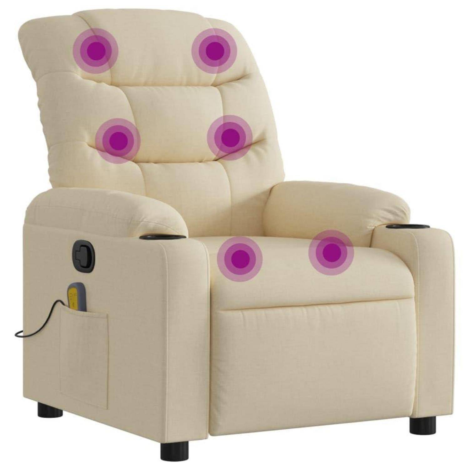 Beiger Polsterstuhl mit Liegeposition und markierten Massagepunkten an Kopfstütze, Rückenlehne und Sitzfläche.