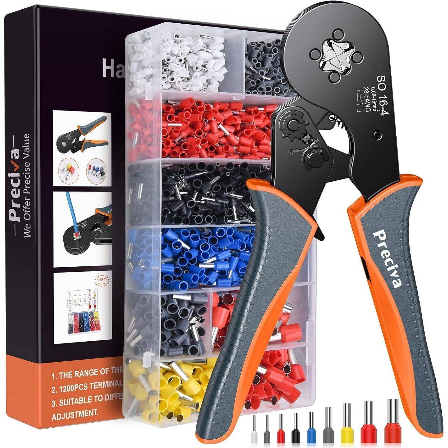 Crimpzangen 0.08-16mm² mit Aderendhülsen Set，Preciva Aderendhülsenzange Vierkant Crimpzange Presszange mit 1200 Stück Aderendhülsen Tool Kit CT