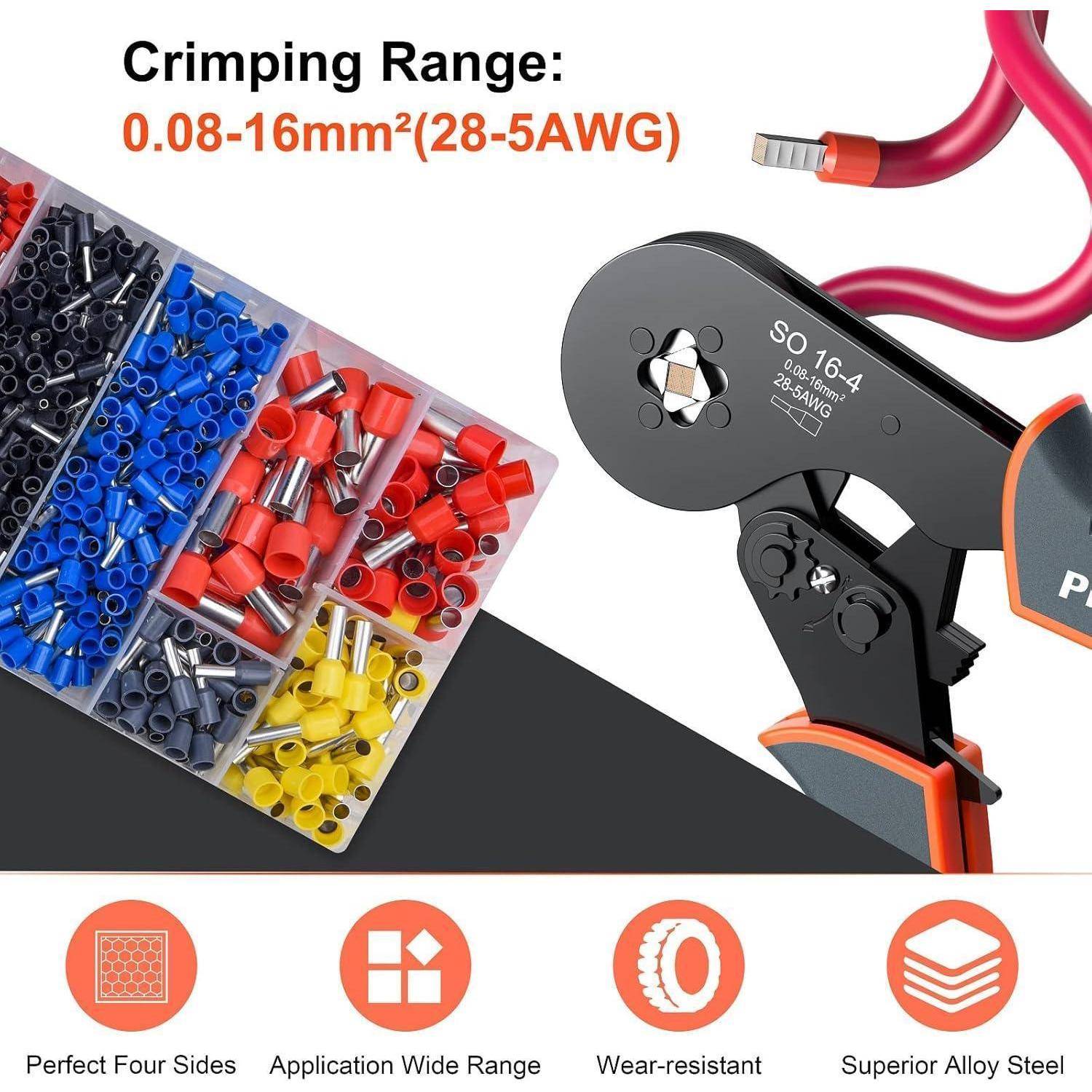 Crimpzangen 0.08-16mm² mit Aderendhülsen Set，Preciva Aderendhülsenzange Vierkant Crimpzange Presszange mit 1200 Stück Aderendhülsen Tool Kit CT