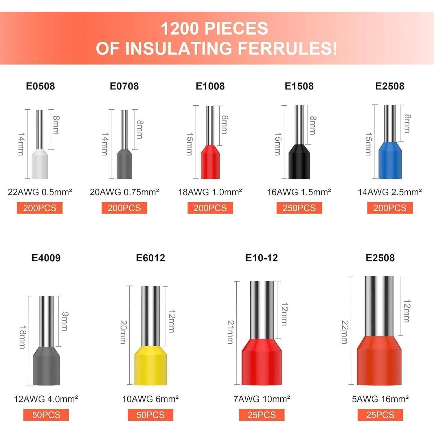 Crimpzangen 0.08-16mm² mit Aderendhülsen Set，Preciva Aderendhülsenzange Vierkant Crimpzange Presszange mit 1200 Stück Aderendhülsen Tool Kit CT