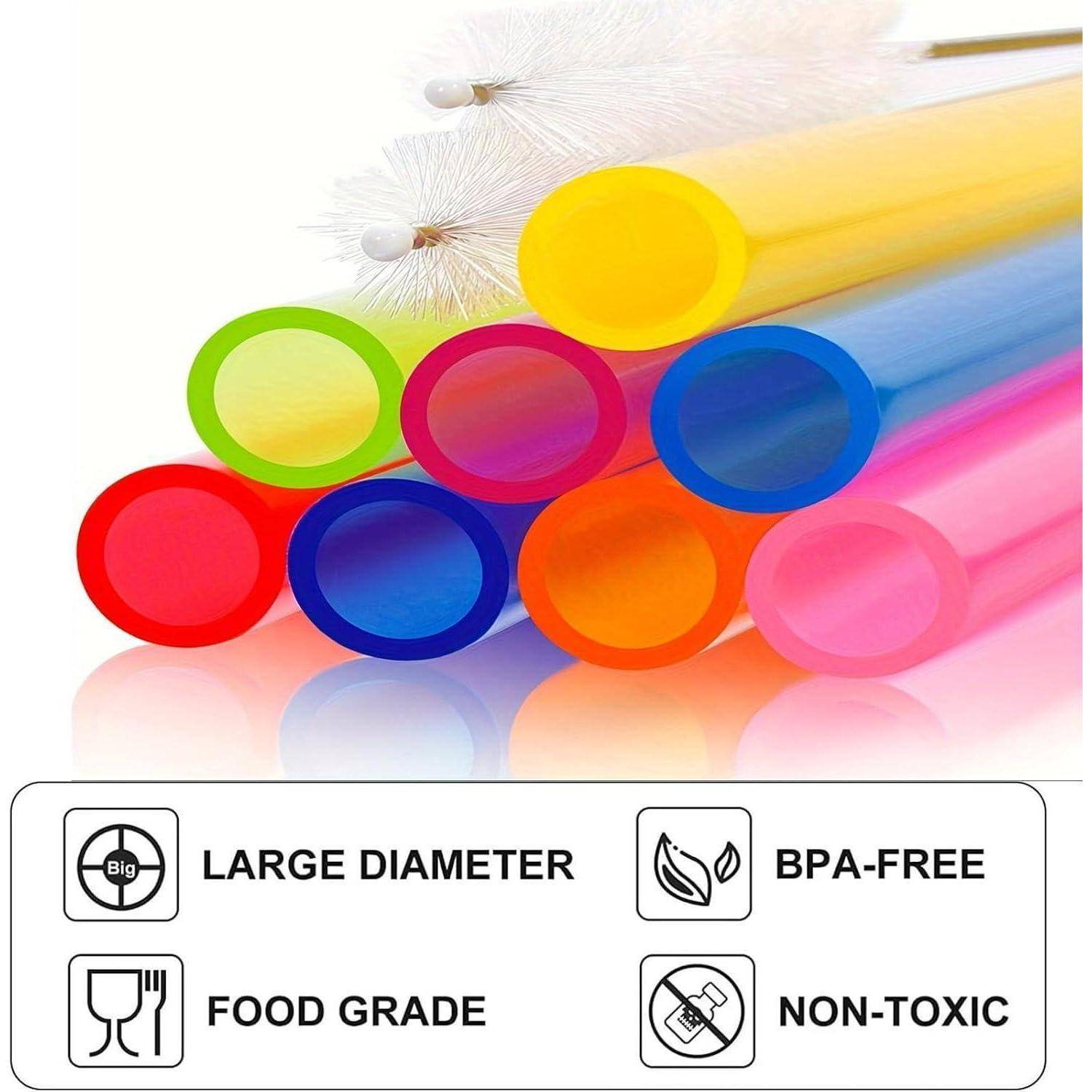 Bunte wiederverwendbare Strohhalme in Rot, Grün, Gelb, Rosa, Blau und Orange, mit Symbolen, die „GROSSER DURCHMESSER", „BPA-FREI"", „LEBENSMITTELQUALITÄT"" und „UNGIFTIG"" angeben.