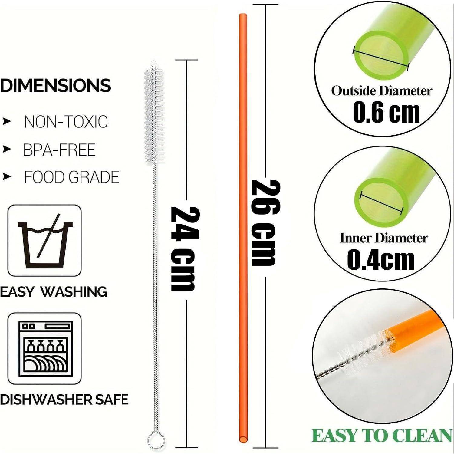 Produktinfografik zeigt einen 26 cm orangefarbenen Trinkhalm mit 26 cm Reinigungsbürste; Notizen ungiftig, BPA-frei, Lebensmittelqualität, leicht zu waschen, spülmaschinenfest, Außendurchmesser 0,6 cm, Innendurchmesser 0,4 cm.