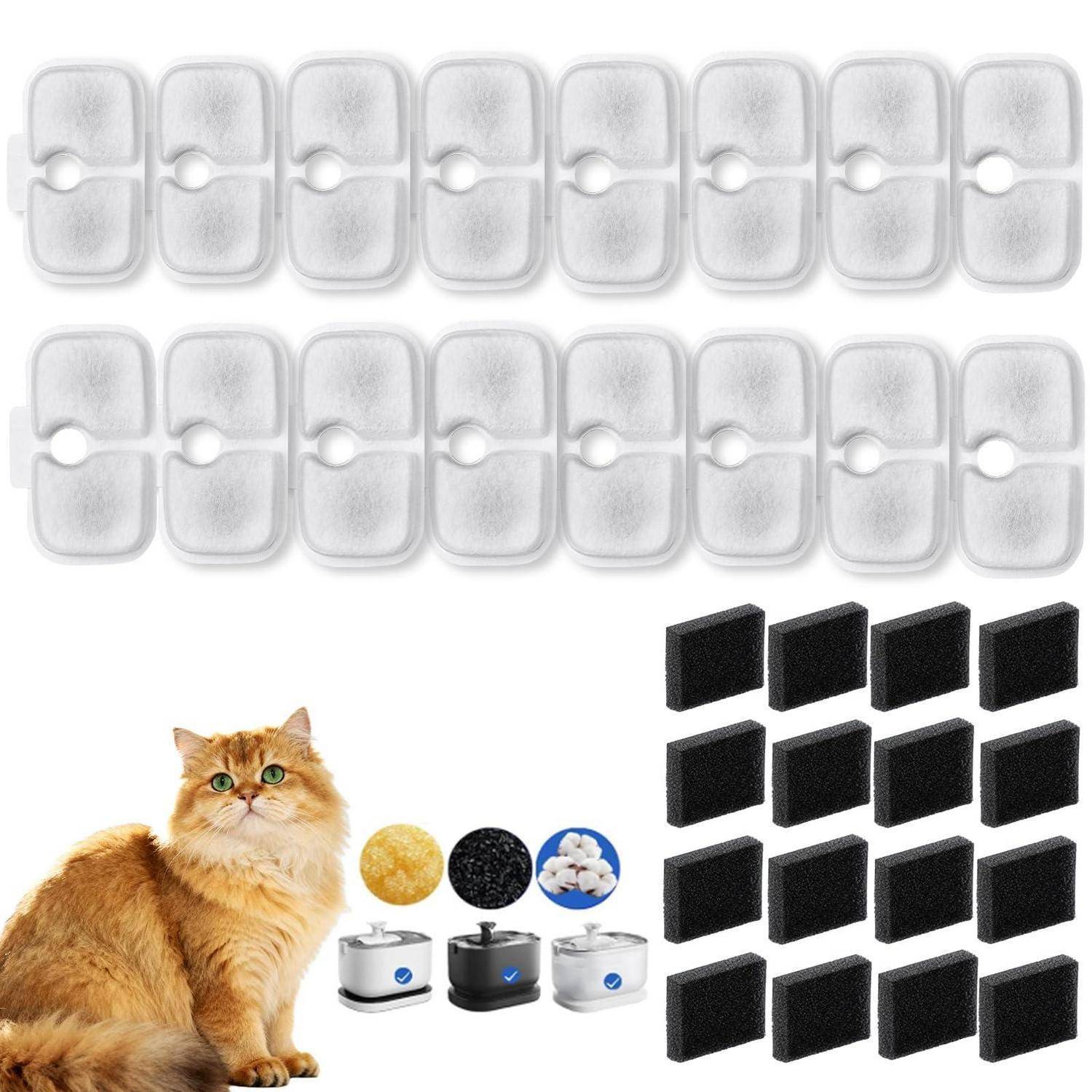 Katzenstreu-Geruchsfilter-Ersatzset mit 16 weißen Tablettkabinen, 16 schwarzen Schaumstofffiltern und 3 kleinen Behälterfiltern, dargestellt mit einer Katze.