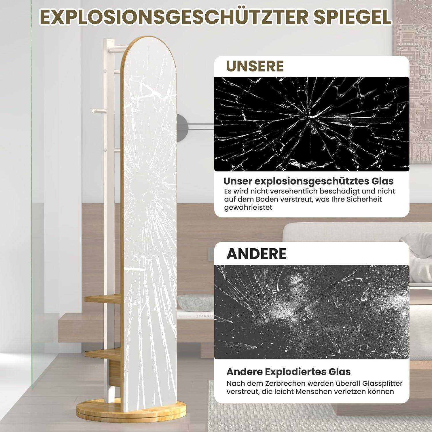 360° drehbarer Ganzkörperspiegel, 2-in-1 platzsparender Ganzkörperspiegel mit Garderobe, freistehender Bodenspiegel mit Ablagen und Haken, für Ein