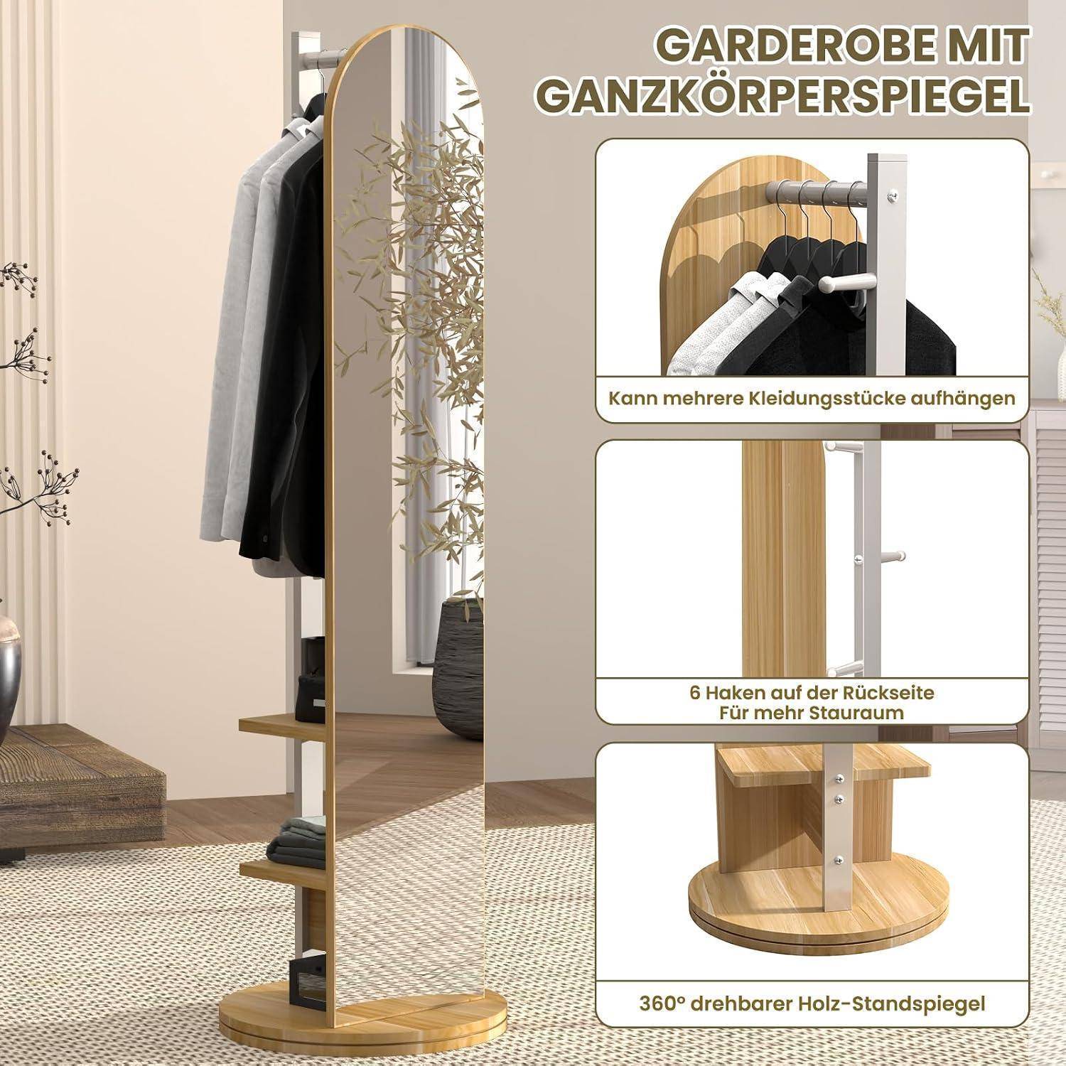 Ganzspiegel-Garderobe in einem Raum mit hängenden Kleidern und Regalen; Detailansichten zeigen mehrere Haken, zusätzliche Lagermöglichkeiten und einen 360-Grad-drehbaren Holzsockel.