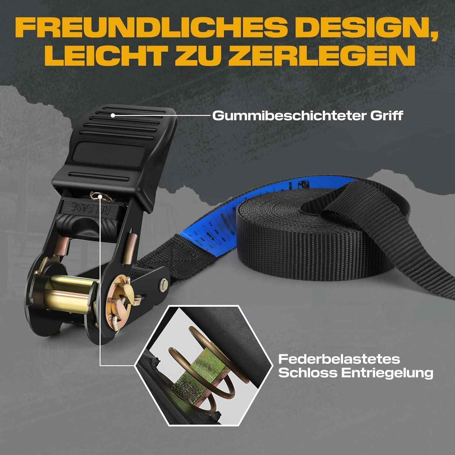 Illustration eines Ratschengurts mit gekennzeichneten Merkmalen: gummibeschichteter Griff und federbelastete Verschlussfreigabe, mit deutschem Text „FREUNDLICHES DESIGN, LEICHT ZU ZERLEGEN