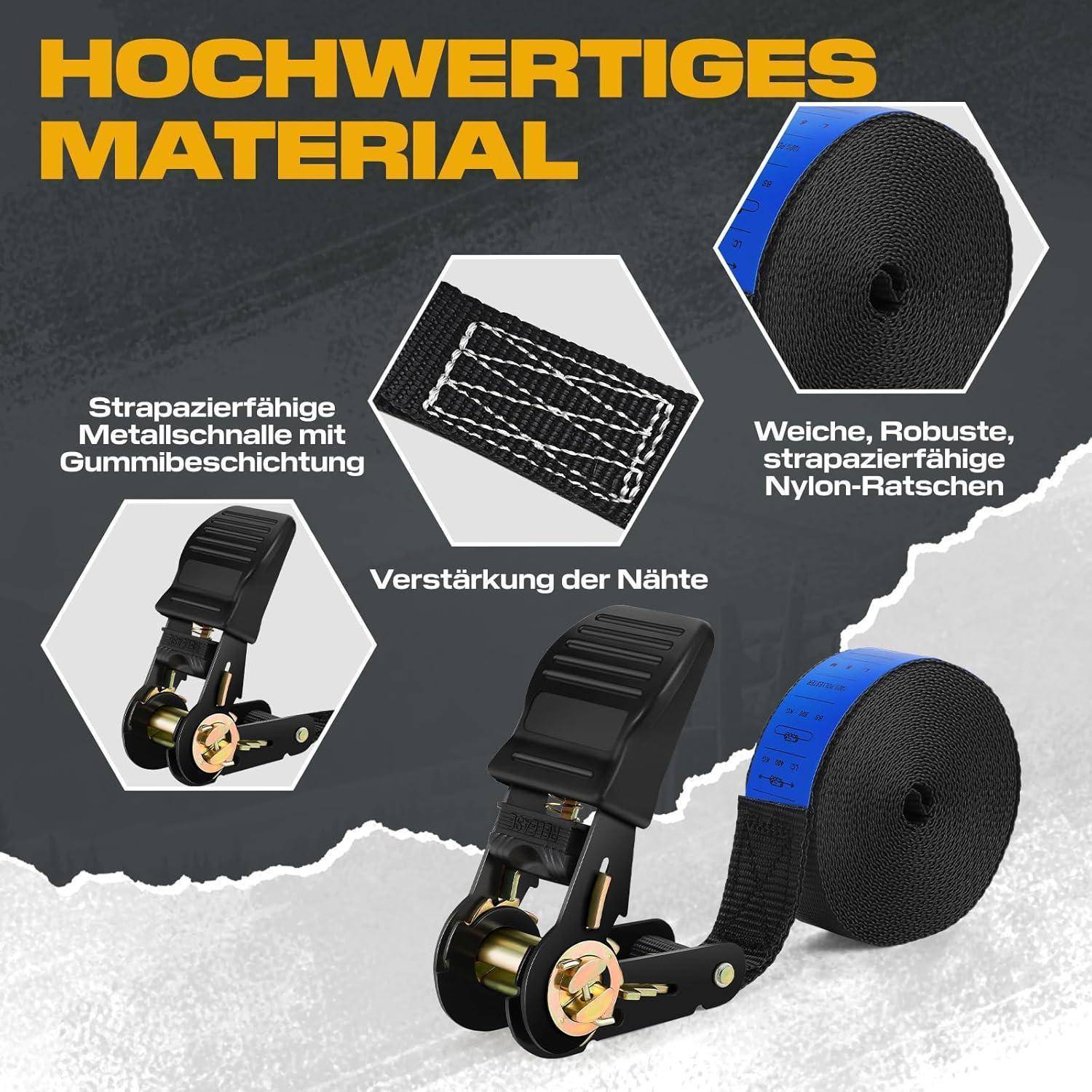 Werbegrafik eines Ratschenverschlussgurtes, der hochwertige Materialien, verstärkte Nähte, gummiummantelte Metallschnalle und strapazierfähiger Nylongurt hervorhebt.