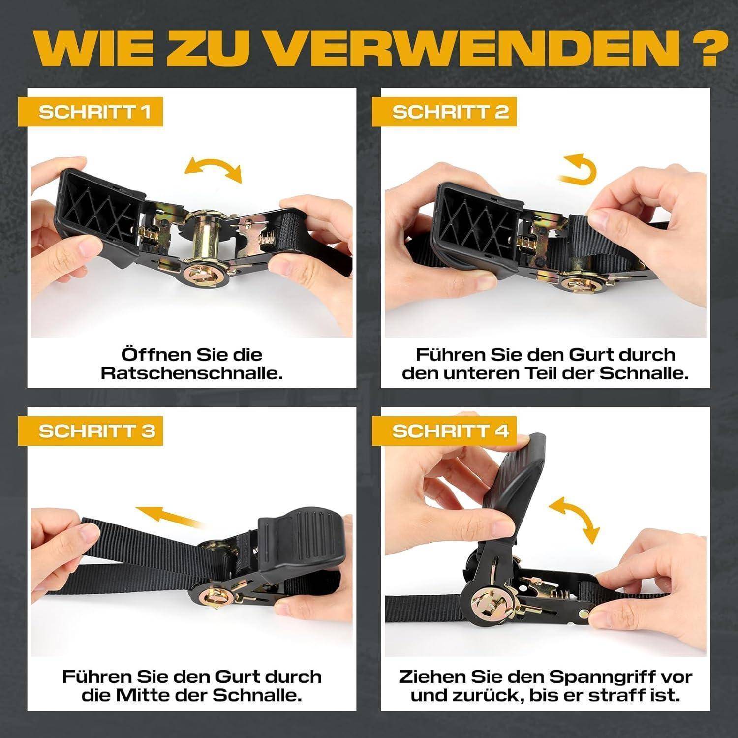Spanngurte mit Ratsche 6M x 25MM - TÜV/GS Zertifiziert mit Ratschengurte mit Nockenschnalle für Motorrad, Auto, Anhänger, Haushalt (Schwarz/2 Stüc