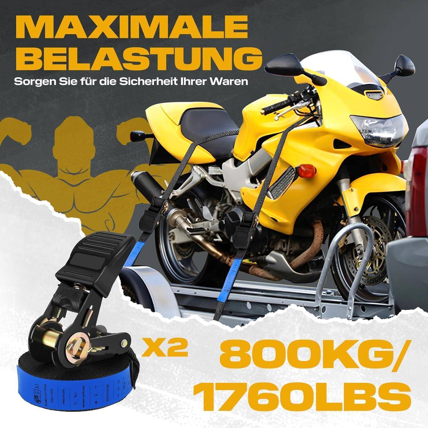 Gelbes Sportmotorrad mit Spanngurt auf einem Anhänger befestigt; Der deutsche Anzeigentext sagt „MAXIMALE BELASTUNG