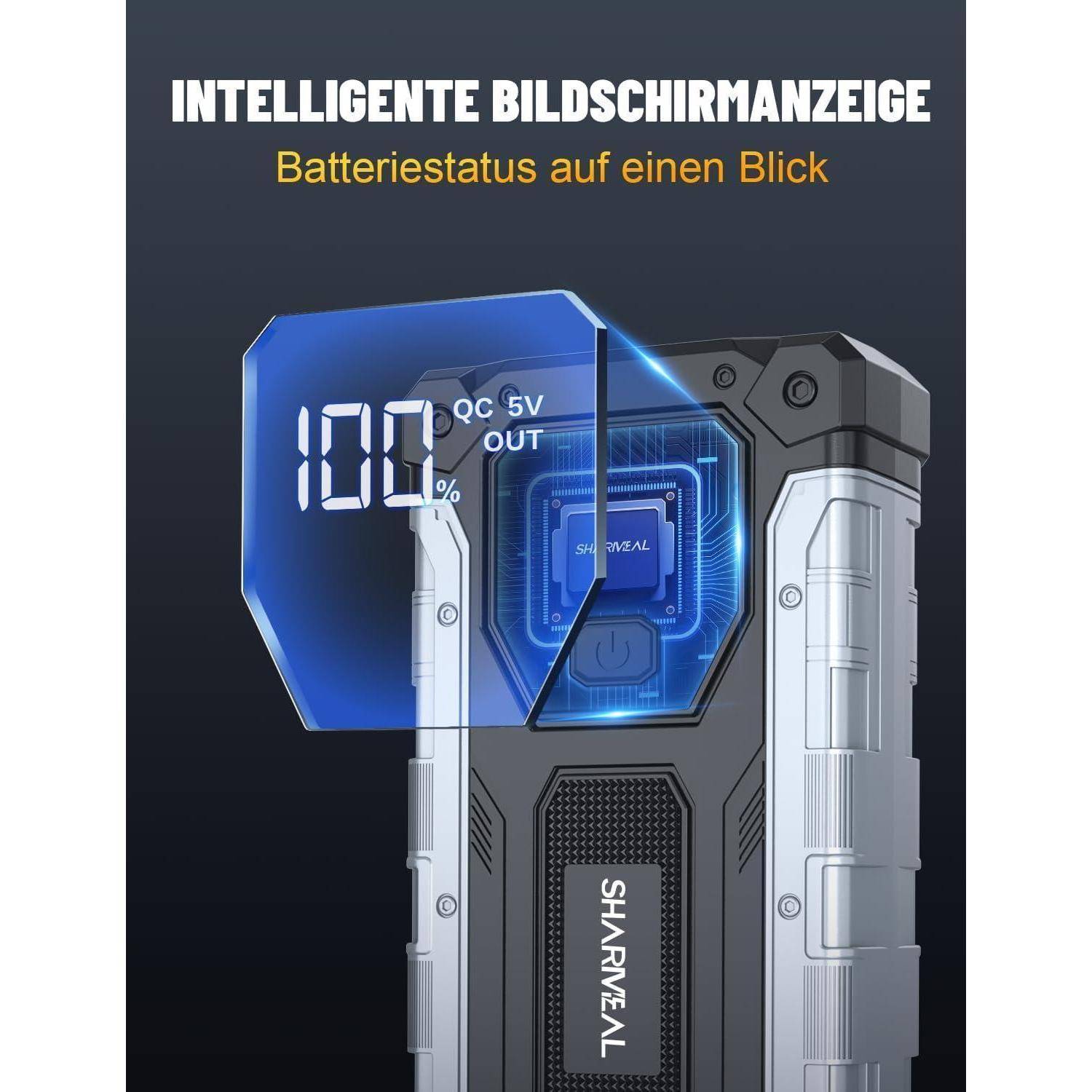 Batterieanlage mit intelligentem Display, das 100 % Ladung und „QC 5V OUT