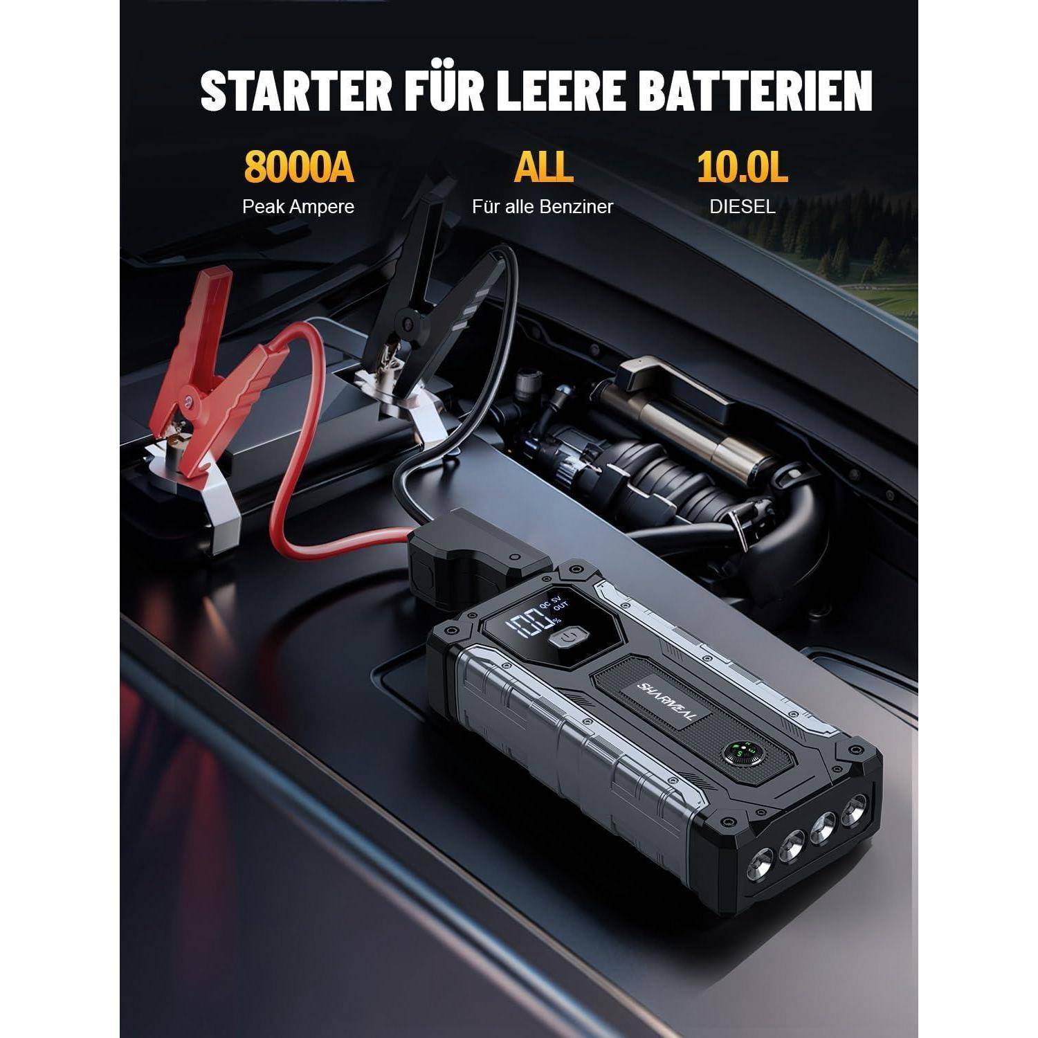 SHARMEAL 8000A Starthilfe Powerbank für Pkw, 12V Auto Starthilfe Powerbank (für alle Benziner oder bis zu 10,0 L Diesel), Booster Auto Starthilfe mi