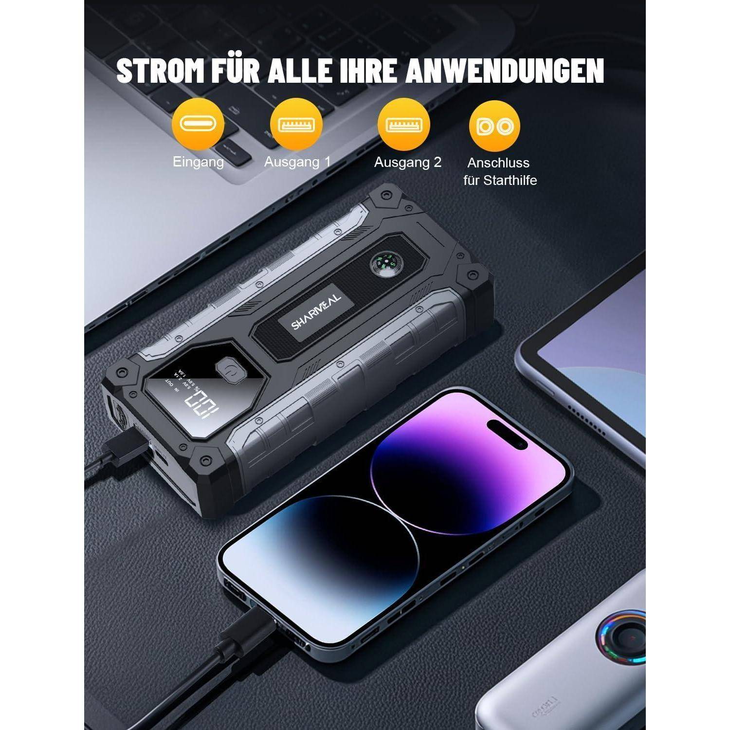 SHARMEAL 8000A Starthilfe Powerbank für Pkw, 12V Auto Starthilfe Powerbank (für alle Benziner oder bis zu 10,0 L Diesel), Booster Auto Starthilfe mi