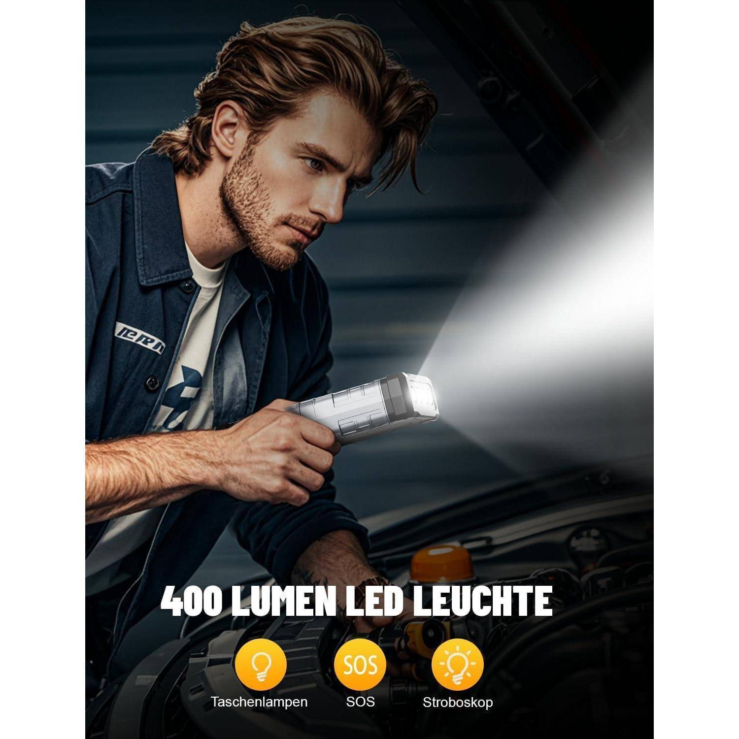 Ein Mann inspiziert einen Automotor mit einer tragbaren LED-Taschenlampe; der Text lautet „400 LUMEN LED LEUCHTE